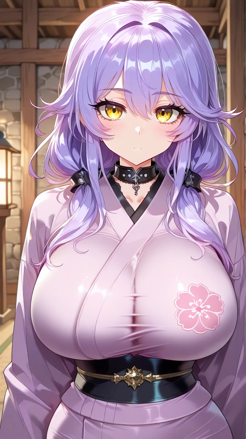 score_9, score_8_up, score_7_up, score_6_up, score_5_up, score_4_up, 1girl, raiden shogun, breasts, kimono,, japanese clothes,, purple eyes, purple hair, blush, large breasts, ribbon, hair ribbon,, sweat, bangs, collarbone, solo focus, one breast out, bath yukata, sash, closed mouth, looking to the side, white kimono, brandaid on nipple