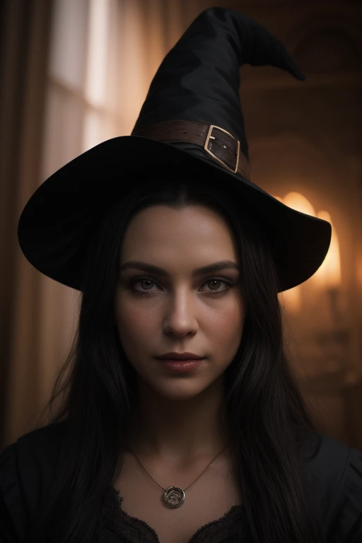 A hauntingly beautiful virtual macabre witch, her delicate features twisted in a sinister grin as she gazes out of the watercolor painting. The image is a stunning and vibrant depiction, filled with rich hues and intricate details that bring the character to life. Every stroke of the brush captures the witch's eerie essence, from her flowing black robes to the ghostly pale skin and glowing eyes that seem to pierce through the paper. This high-quality artwork seamlessly blends darkness with enchanting beauty, drawing the viewer into a world of magic and mystery.