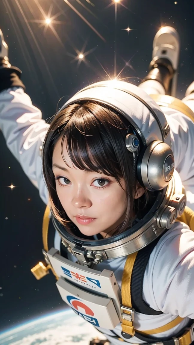 Image of a woman in a spacesuit flying in the sky Alafed, girl In space, [ no gravity ]!!, planet, Portrait Anime Astronaut Girl, Space Girl, galaxy japan, In space, Official artwork, In space, Japanese live-action films, Ski-Fi!!, There is an earth in the background, seifuku
