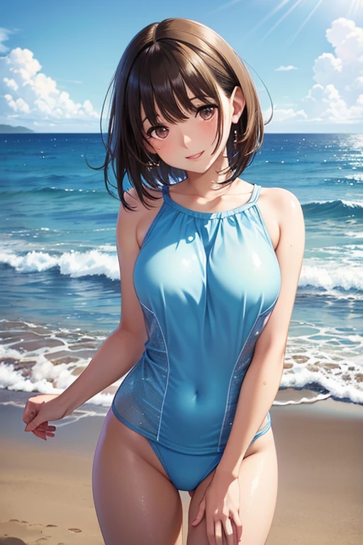 ((swimsuit costume)), ((swimsuit sides see-through)), ((The swimsuit is a vivid color)), holographic fabric, skindentation, skinny, solo, 1 woman, Masterpiece, highest quality, highest quality, 16K, incredibly absurd, highly detailed, 2.5D, ai-generated, delicate and dynamic, very delicate facial expressions, delicate eye depiction, erotic, only sexy woman, ((A cute and kind face)), healthy figure, 25-year-old woman, bride, 160cm tall, medium firm swaying bust, (dark hair), black eye, blush, Sweat,Embarrassed,sexy, ((thin thighs)), (Erect nipples:0.7), (visible nipples:0.5), ((shiny and lustrous)), facing straight at viewer, ((brown black skin)), ((Oily_skin)), sweaty skin, wet skin, (suntan), dutch angle, ((sexy pose)), Dynamic poses, ((Summer Sea)), Strong sunlight, ((Lying)), ((On the open sea)),