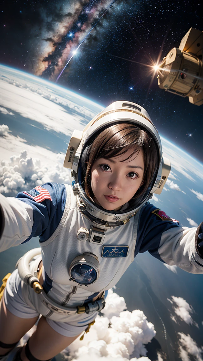Image of a woman in a spacesuit flying in the sky Alafed, girl In space, [ no gravity ]!!, planet, Portrait Anime Astronaut Girl, Space Girl, galaxy japan, In space, Official artwork, In space, Japanese live-action films, Ski-Fi!!, There is an earth in the background, seifuku