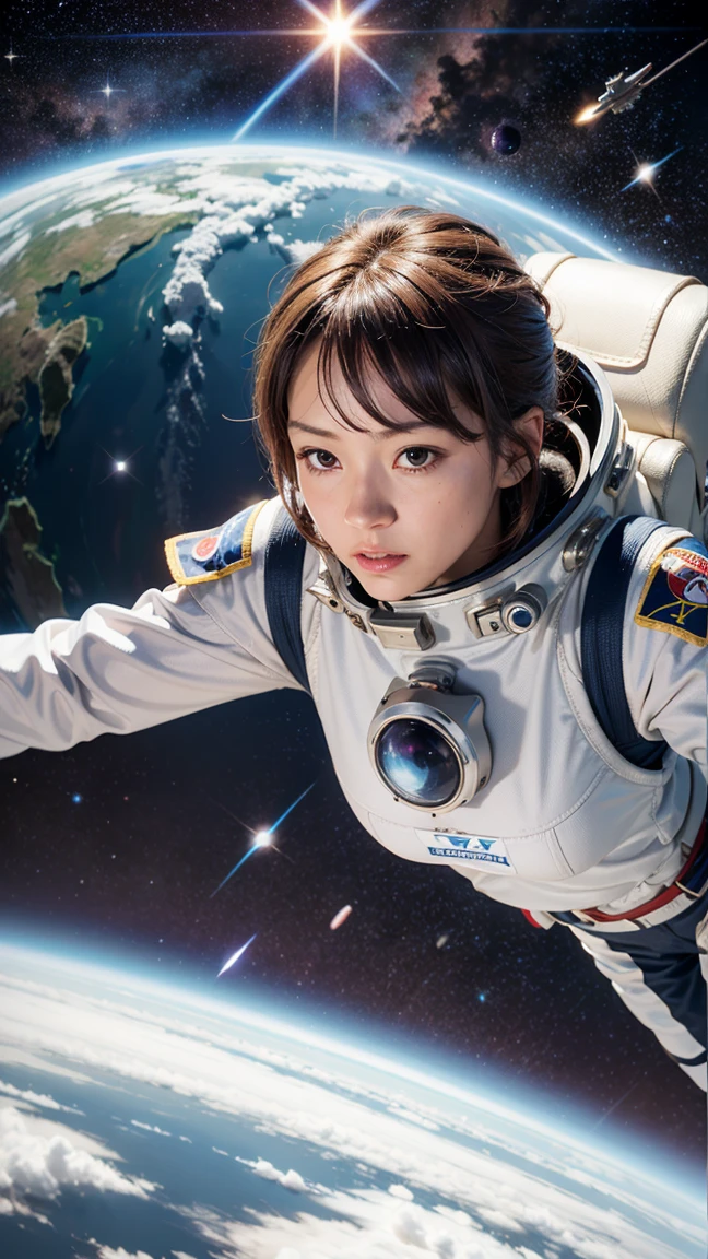 Image of a woman in a spacesuit flying in the sky Alafed, girl In space, [ no gravity ]!!, planet, Portrait Anime Astronaut Girl, Space Girl, galaxy japan, In space, Official artwork, In space, Japanese live-action films, Ski-Fi!!, There is an earth in the background, seifuku