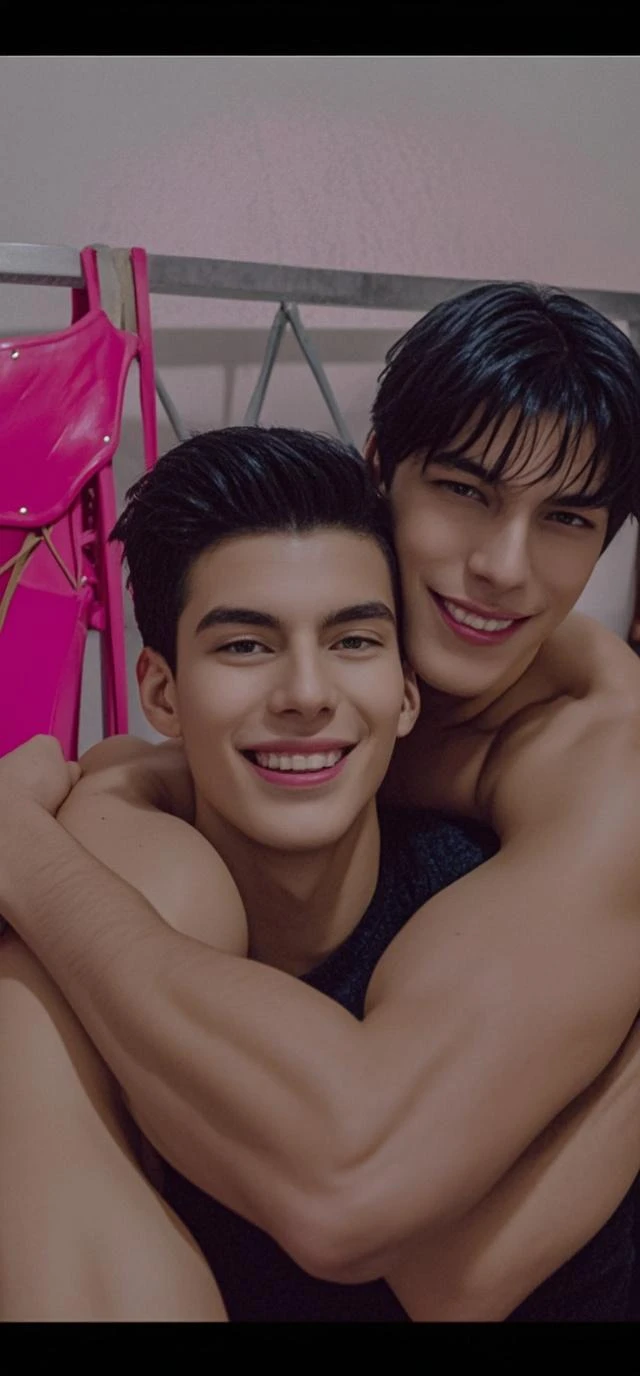 Top quality, ultra high resolution, very detailed, (photorealistic: 1.4), dynamic angle, very handsome, perfect face, model shooting, full body, naughty 25 years old Japan man, shirtless, selfie, (ahegao sal: 0.2), perfect body, (blue shaved side hair: 1), natural light, ahegao, tongue out , 2 boys kneeling under my crotch , realistic