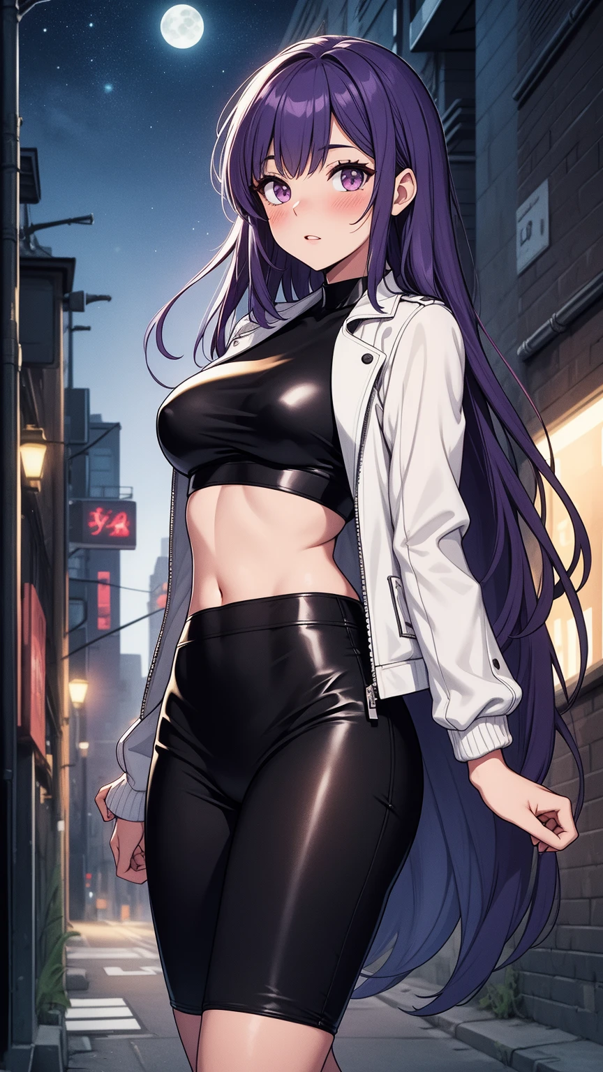 (masterpiece:1.37), best quality, (extremely detailed:1.37), woman, (very long hair:1.5), dark purple hair, purple eyes, (extremely detailed eyes:1.37), wetting self, large breasts, stylish jacket, jeans, (open fly:1.5), cleavage, navel, city, high-tech, street