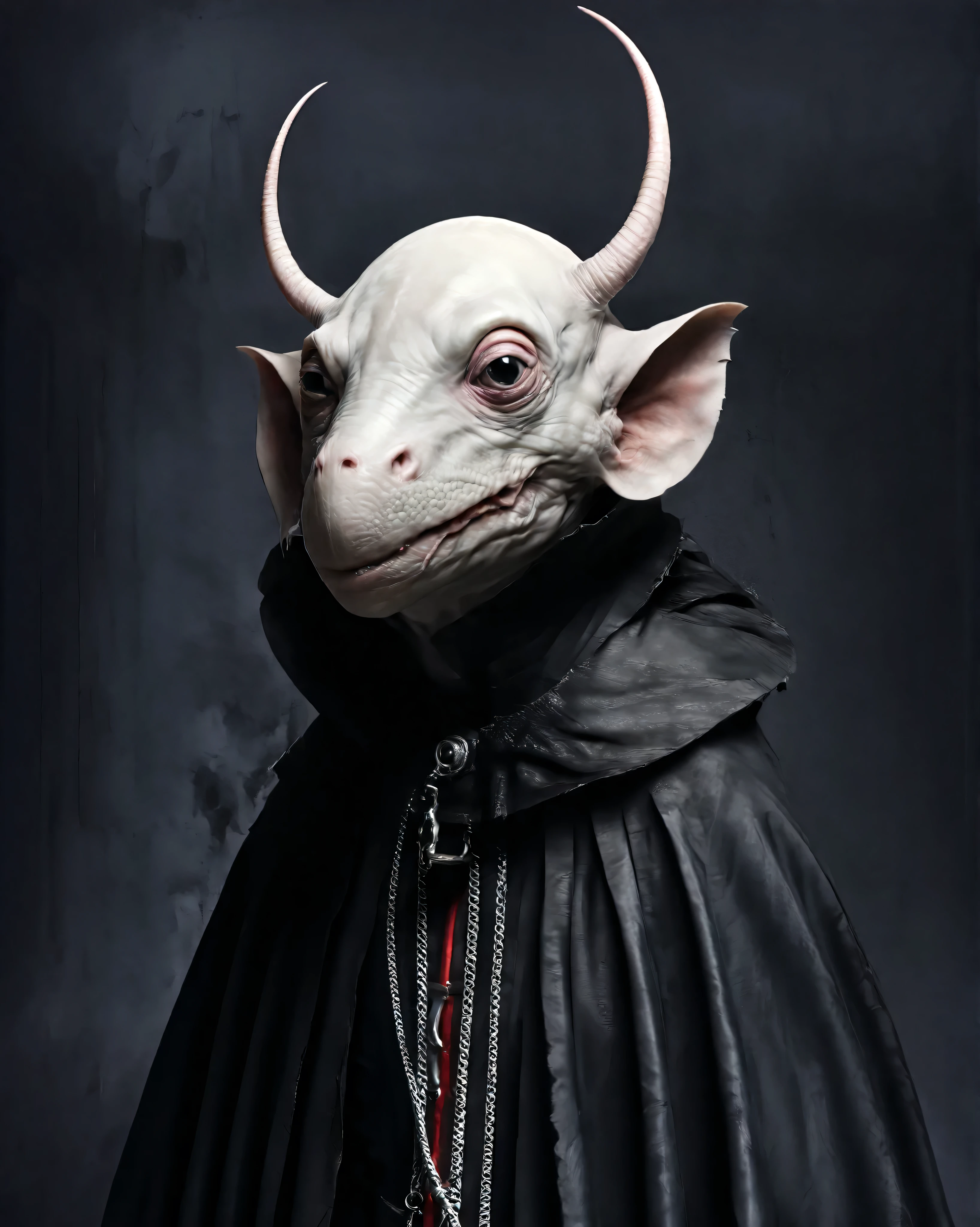 Hyperrealistic Nosferatu inspired, photography, trendy close up, Making an impossible move, perspective, dark background, strange, dead animals in a Gothic castle, leather, extreme and sinister fetish, straps and zippers, fetishist, sadomasochism, Extremely bizarre, until