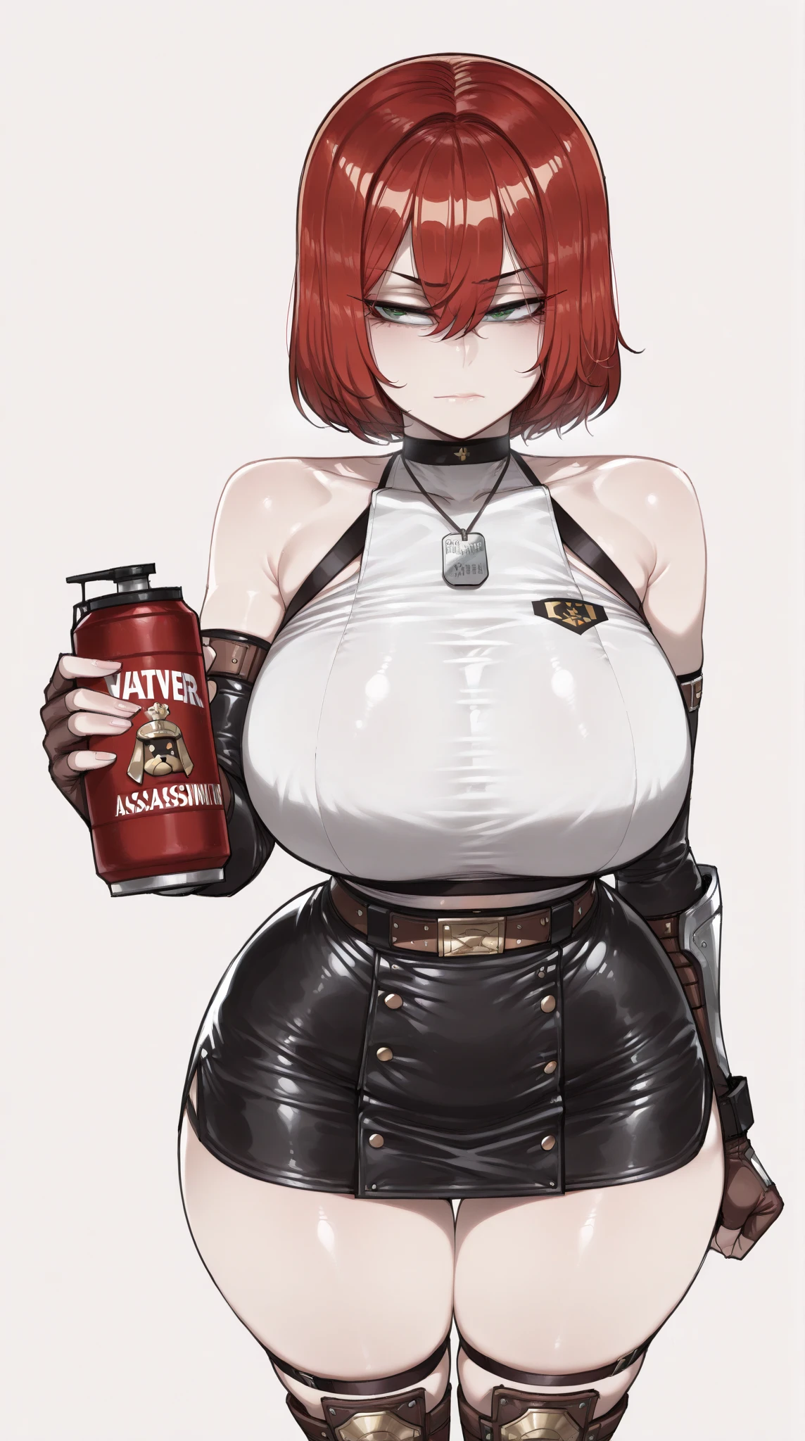 ((masterpiece,best quality)), absurdres, mela (pokemon), black fingerless gloves, freckles, bare shoulders, makeup, collar, ahoge, belt, black bodysuit, lipstick, thigh boots, collarbone, nail polish, short hair, solo, smile, looking at viewer, cowboy shot, cleavage, mountains, ((massive breasts)), ((cleavage)), ((sweat))