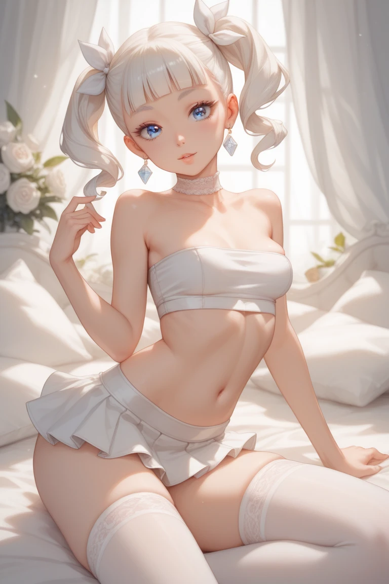 8K, Super Detail, 3D, HDR, f2.0, Full body, 5 heads, 10 years old, Children's figure, big eyes, Cute, Open legs, Sitting, Slender legs, Lifting chest with both hands, Front shot, Small see-through white bikini, Bitten-glossy blonde, Nipples hard and long dark pink, Wet skin, Glossy white skin, Large amount of white liquid in the crotch or chest or face, on the bed, Happy smile with loose mouth, grinning eyes, sticking out tongue, dripping a large amount of white liquid on chest and face, happy smile