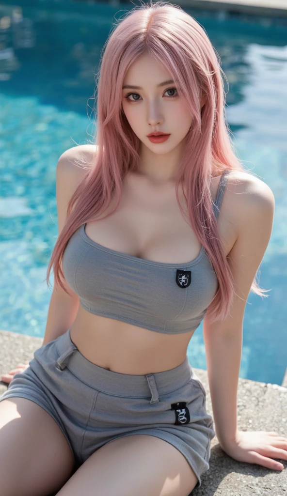 1girl, (Blue Eyes), (smiling :1.2), (Sana Minatozaki), (bright pink makeup :1.2), wide hips, Big tits, big ass, (thin waist: 1.2), (thick and toned thighs), (Best Quality, 8k, Masterpiece: 1.3), Clear Focus: 1.2, Perfect Body Beauty: 1.4, strong abs, Highly detailed face and skin texture, detailed eyes, double eyelids, (blonde long straight hair :1.3), (cleavage Pink and black sports top :1.2), (black and pink leggings shorts), bent over showing her tits, in a park, soccer field in the background