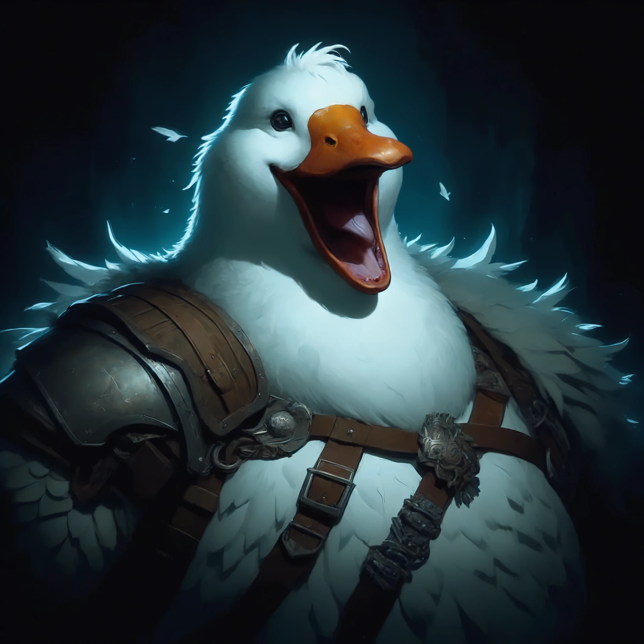 D&D Dark Character Concept Art: excited obese White Goose-Barbarian; looking provokingly suggestive; In darkness; there is a Goose with a leather jacket on and a light on, fantasy Goose concept portrait, inspired by Johannes Helgeson, armor Goose concept portrait, by Johannes Helgeson, wojtek fus, armored duck, quackery, inspired by Jacob Duck, subject= duck, collectible card art, a portrait of the character, rossdraws global illumination; there is a white duck with a brown harness and a black background, fantasy duck concept portrait, robot duck concept portrait, armored duck, by Johannes Helgeson, inspired by Johannes Helgeson, wojtek fus, quackery, from hearthstone, hearthstone card art, artgerm and atey ghailan, valve promotional splash art, bard, blizzard hearthstone concept art