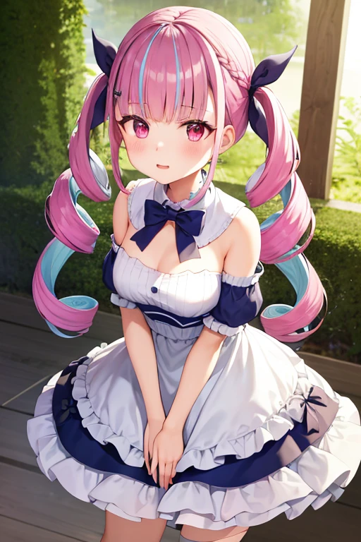 Ultra-high resolution,masterpiece, Attention to detail, Highest quality, 4K,(Pink Twintails、Blue ribbon),(well endowed,Captivating body、Ultra-detailed skin、Beautiful eyes、Detailed Background),1girl、(Wedding dresarriage、Embarrassing)
