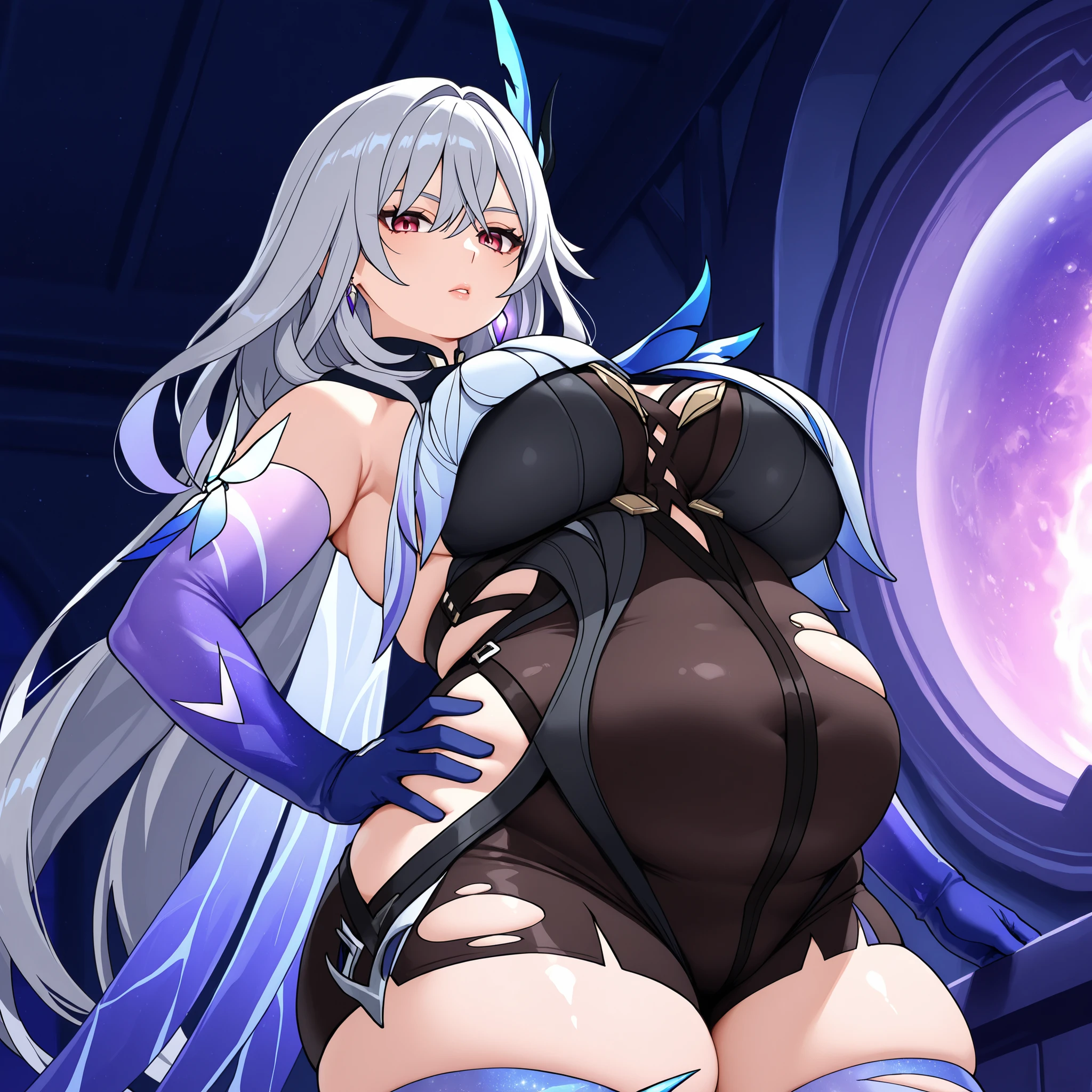 anime screencap, masterpiece, best quality,
1girl, solo, parted lips,
 1girl, solo, mature female, skirk \(genshin impact\), genshin impact, 1girl, solo, breasts, long hair, gloves, thighhighs, looking at viewer, elbow gloves, hand on hip, bangs, hair ornament, jewelry, blue gloves, bare shoulders, grey hair, large breasts, earrings, thighs, blue thighhighs, purple eyes, very long hair, hair between eyes, torn clothes, leotard, dress, red eyes, defined legs , standing, closed mouth, black shorts, shorts, universe, event horizon masterpiece, best quality, very aesthetic, absurdres, extended upskirt, upshirt, inside clothes, underwear, aesthetic,
, (negative_v2 Color_Balance_Calibration:0.8), negativeXL_D, aidxlv05_neg, Stable_Yogis_Animetoon_Negatives, chubby, chubby girl, curvy, large breasts, lips, plump, thick thighs, thighs, (((oversized gigantic stomach)), curvy, large breasts, lips, plump, thick thighs, thigh, immobile, from side
