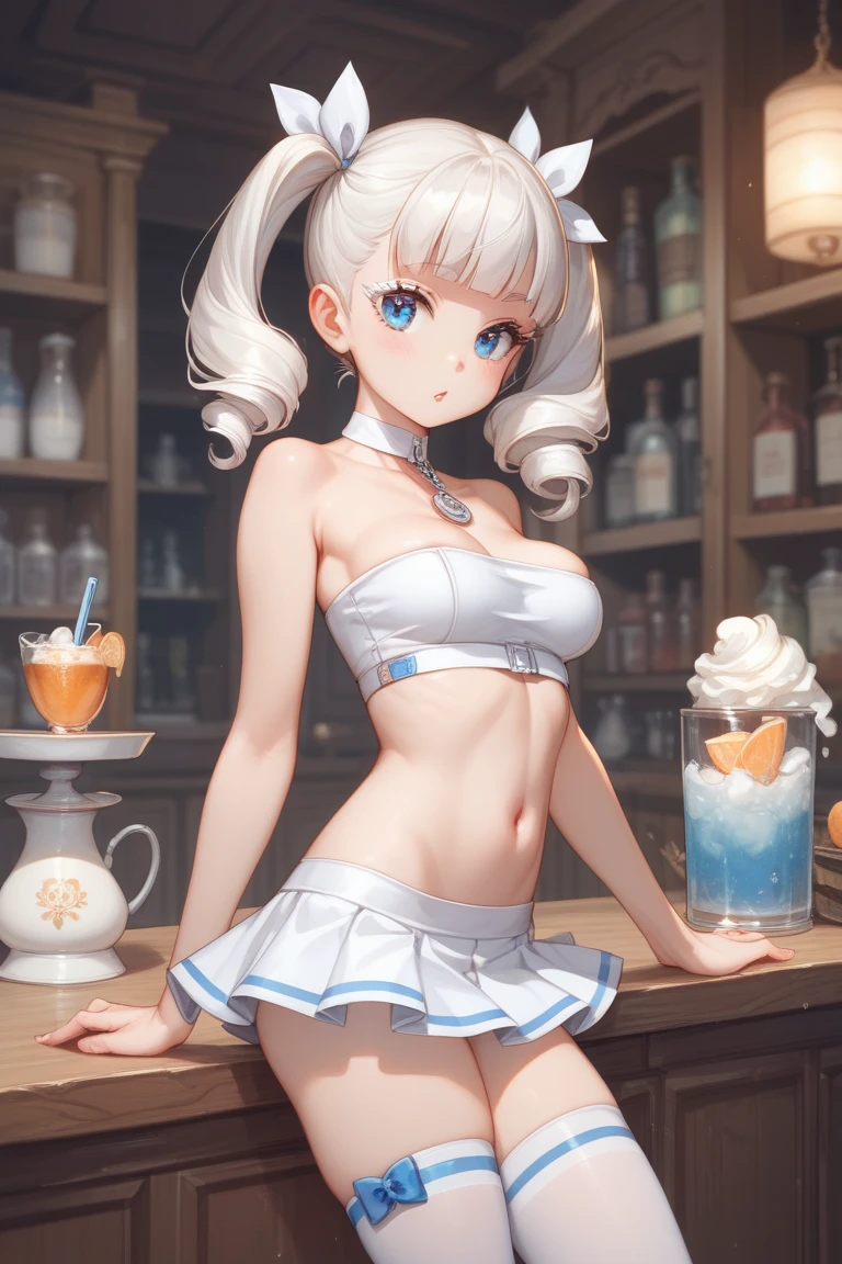 Anime Kawaii sexy Perfect Slim sensual body large breast and huge thighs, An intricate and highly detailed illustration of anime (Young girl) (work of art, best qualityer:1.2), (high resolution, 8k raw photo, photo realist, Focus Clear, weak contour:1.3), (cinematic lighting, temperamental, textile shading), ass pov, (standing alone:1.5), 1 MATURE WOMAN, 24 years old, (milf:1.5), ((NFSW:1.5, escape chest:1.3, sagging chest, big fit ass , cleavage on her breasts, sexually harass, in heat, showcasing)), ((beautiful bright eyes:1.3)), (sitting on a stool at the counter of a BAR, lying face down on the counter with your arms resting on the countertop, looking at the viewers, cocktail glass), Raised sexy, (little happy smile:1.3, embarrased), light purple mesh on silver hair, mid long hair, hair over one eye, asymmetrical hair, half tied hair, blue colored eyes, wearing sexy white dresses, long skirt with side slit, wearing a transparent green shawl around her shoulder, (Luxury detailed accessories, necklase, aretes, wristbands), bokeh, dynamic angle, leaning sideway:1.2, face up close:1.5, whole body, from low:1.2, (anatomical correct:1.6, Ideal Body Proportions Ratio, correct hand:1.5, Small hands), in one night, darkness room,