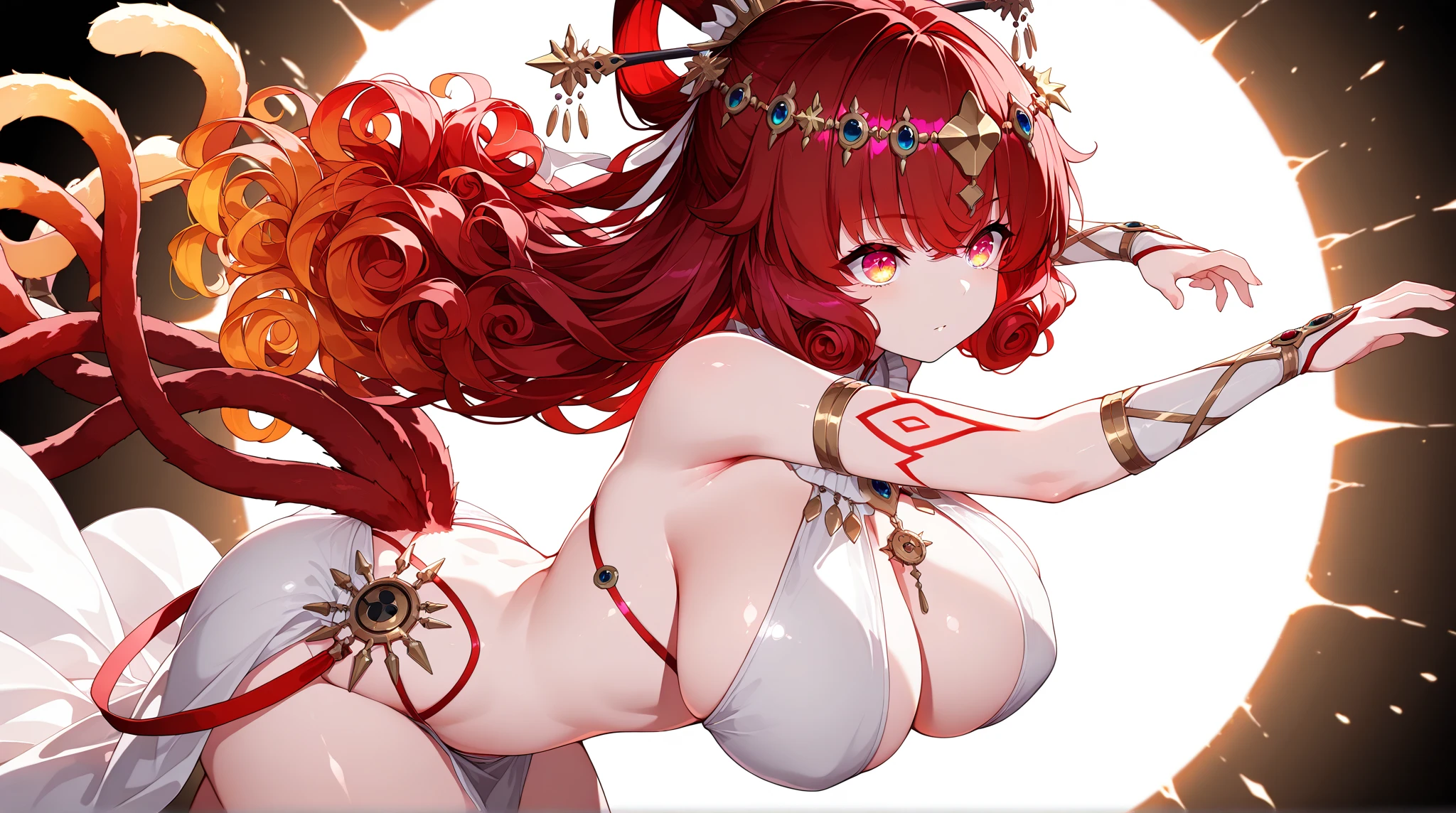Chain bikini, chain crown, bare belly, big breasts, fire hair, red eyes, godness of fire, 