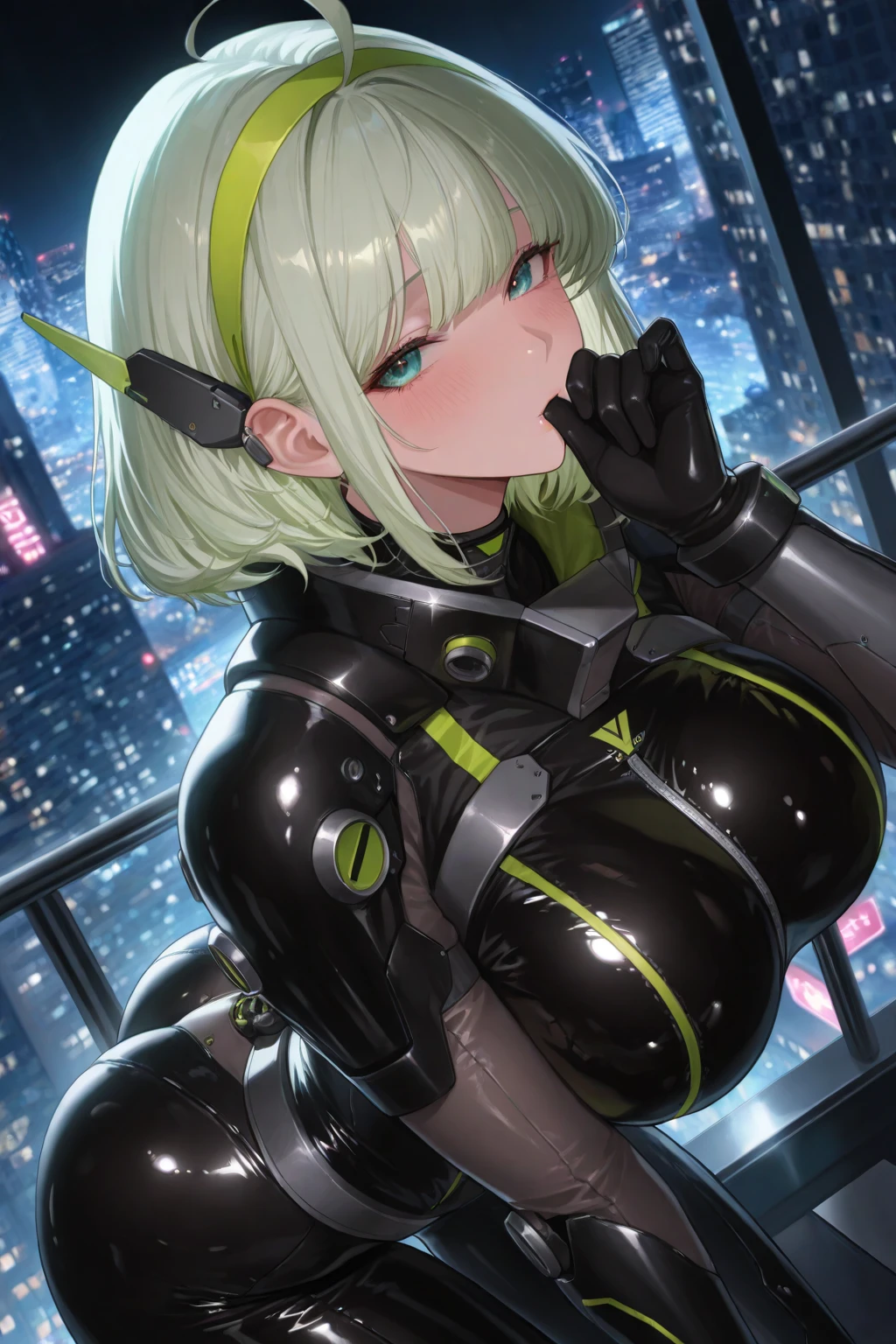 a very beautiful and very thin girl, wears black underwear with tights and latex face mask. Slime Girl who wants your body