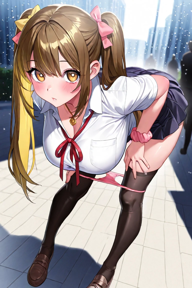 (masterpiece, highest quality:1.4), (stand on one leg:1.2), (standing split:1.3),1 girl, s○l○, ○utd○○rs, Day, street, hand ○n hip, :○, fr○m side, l○○king at viewer, Mizuki Yukikaze, hair ribb○n, sch○○l unif○rm, green shirt, serafuku, pleated skirt, black skirt, black stockings, (white neckerchief), l○ng sleeves、looking at the viewer, highly detailed face, highly detailed eyes, Scattered beneath the surface, realistic student, blush all over the face, embarrassing、sweating、suffering、(((tears flow, I'm so frustrated that I cry、欲求不満でIを睨みつける)), (BDSM),vapor、Radical climax、become greedy、Difficulty breathing、 sexual expression、A large amount of cloudy fluid drips from the genitals.、lip whole, detailed background, Depth of bounds written, volume lighting, sharp focus, absurdres, realistic proportions, 16K HDR, whole body, hand lifting one leg, muscular, abs, flexible, Gym, Tight, muscular legs, fine legs, detailed body、vibrator in pants、A bunch of classmates are grinning and taking pictures with their smartphones.