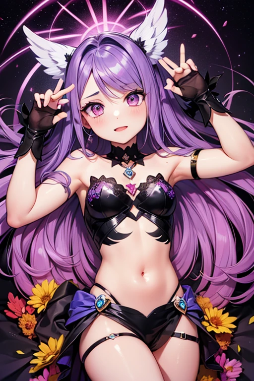 passionlip (fate), 1girl, solo, long hair, breasts, looking at viewer, smile, open mouth, ribbon, navel, purple eyes, swimsuit, hair ribbon, purple hair, bikini, frills, black bikini, claws, bikini skirt