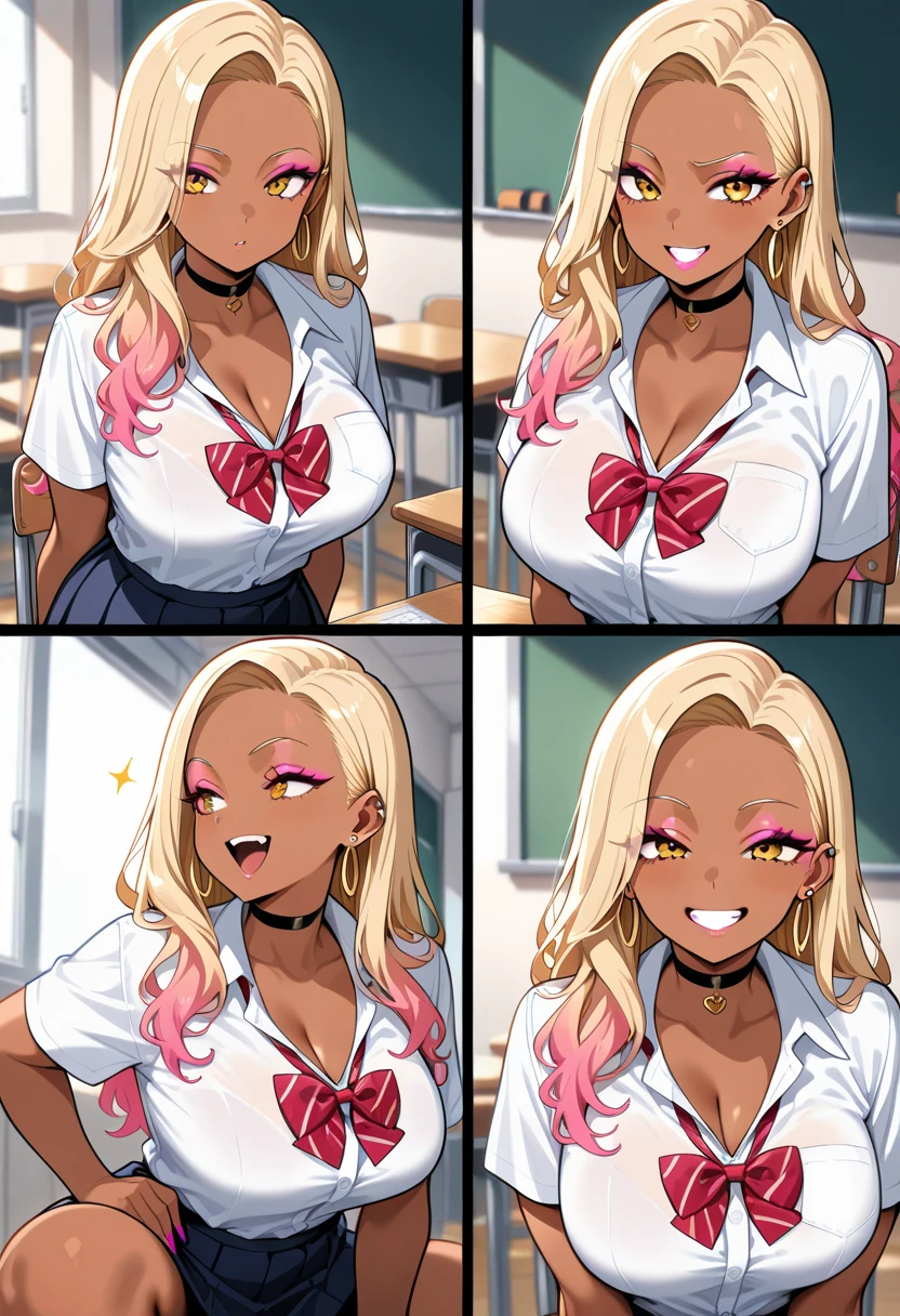 1 busty dark skinned girl having sex with 1 light skinned boy in a classroom while her friends record 