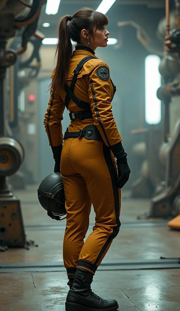 a woman in an orange space suit, orange shorts, open zipper, black joystick in front, helmet standing, dj panel mix, sitting sad in spaceship, dramatic sci-fi movie still, in a scifi movie, in a spaceship cockpit, sci-fi dj mix still, 4 k movie still, 4k movie still, 8 k movie still, in recording studio, in a spaceship, sci - fi film still erotic, voluptuous, sensual, lascivious, lewd, alluring, arousing, submissive, dominant, fearful, melacholy, sexual, sexy, romantic, BDSM, moody and melanchonic atmosphere nikon d 8 5 0 film stock photograph 4 kodak portra 400 camera f 1 6 lens rich colors hyper realistic lifelike, color baloons