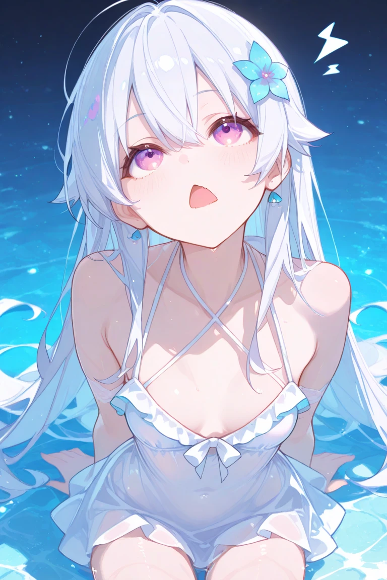 One girl、A little sexy、Blonde、Red sparkling eyes、detailed cute eyes,(glowing eyes:1.4),open mouth,((Droopy eyeole at the mouth Medium Curl Hair、Dog ears、Crystal-clear waters solo girl lying on the water bikini (waterdrop:1.2) ocean large breast (sweat:1.2) Flawless Smooth skin wet moist bubble Sun-kissed skin water (sand of the Sea floor:1.2) skin reflect light