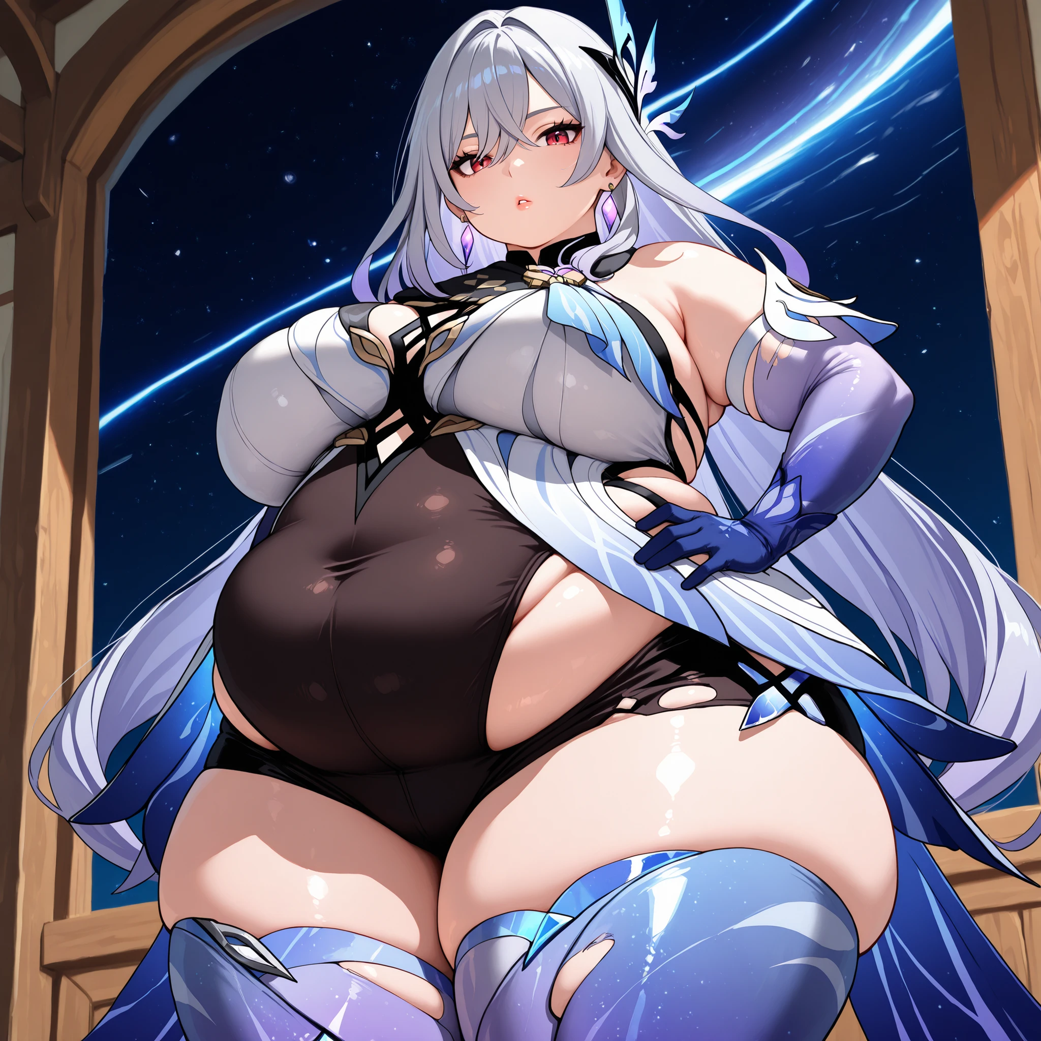 (masterpiece, best quality, highly detailed), 1girls, big belly, huge belly, art by kipteitei, round belly, chubby, curvy, belly grab, enormous belly, fat belly, thicc, bigger belly, really big belly, jiggly belly, glasses, tight breasts, long legs, tall, high heels, smug face, ((full body)), (dominant)