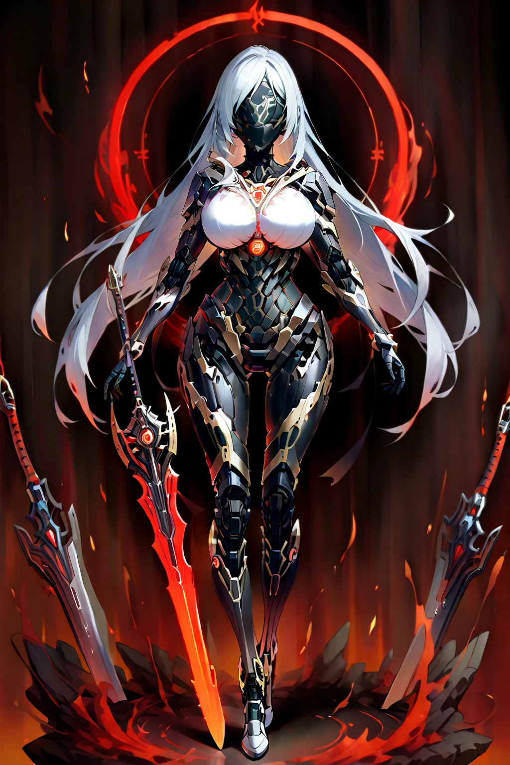 Gorgeous Anime Demon Queen with brown skin, long white hair and scarlet red glowing eyes, big breasts, Using a black armour and two red daggers, on a castle, only one character