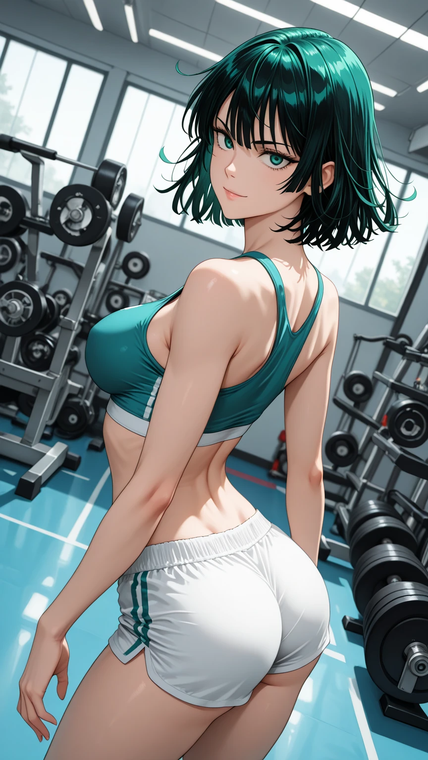 Craft a highly detailed, high-quality image featuring Izuku Midoriya as a girl with a shorter hairstyle, radiating confidence in a gym-ready ensemble. Visualize her with her trademark green hair now styled into a chic short cut, framing her face with effortless grace. Her vibrant green eyes should shine with determination and strength, reflecting her unwavering resolve. In this depiction, Izuku should be dressed in a sleek and modern gym outfit, comprising flex-leggings and a crop top. The leggings should fit snugly, accentuating her athletic physique while allowing for freedom of movement. The crop top should be stylish yet functional, providing both support and style as she engages in her training regimen. Focus on capturing the energy and dynamism of Izuku's character, showcasing her dedication to her physical fitness and her commitment to becoming the best version of herself. Whether she's striking a pose or in the midst of a training session, convey her determination and drive through her body language and expression. Attend to the finer details of her attire, from the texture of the fabric to the design elements that make her outfit unique. Consider incorporating subtle embellishments or accessories that add a touch of personality to her gym attire, reflecting Izuku's individual sense of style. Ultimately, aim to create a visually captivating image that celebrates Izuku Midoriya's strength, resilience, and determination, capturing her essence in every brushstroke or pixel. Let her short hair and gym outfit serve as symbols of her growth and evolution, inspiring viewers with her unstoppable spirit.