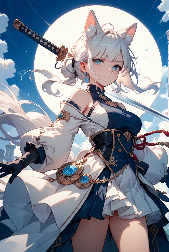 anime big breast，Best quality at best，highly  detailed，tmasterpiece，ultra - detailed，独奏，（1girl），（Elaborate Eyes），（white backgrounid：1.3），lily_\（florals\），saber_lily，blonde_hair，ahoge，blue_eyes，white_gloves，lacepantyhose，hair_bow , white dresses, wariza,