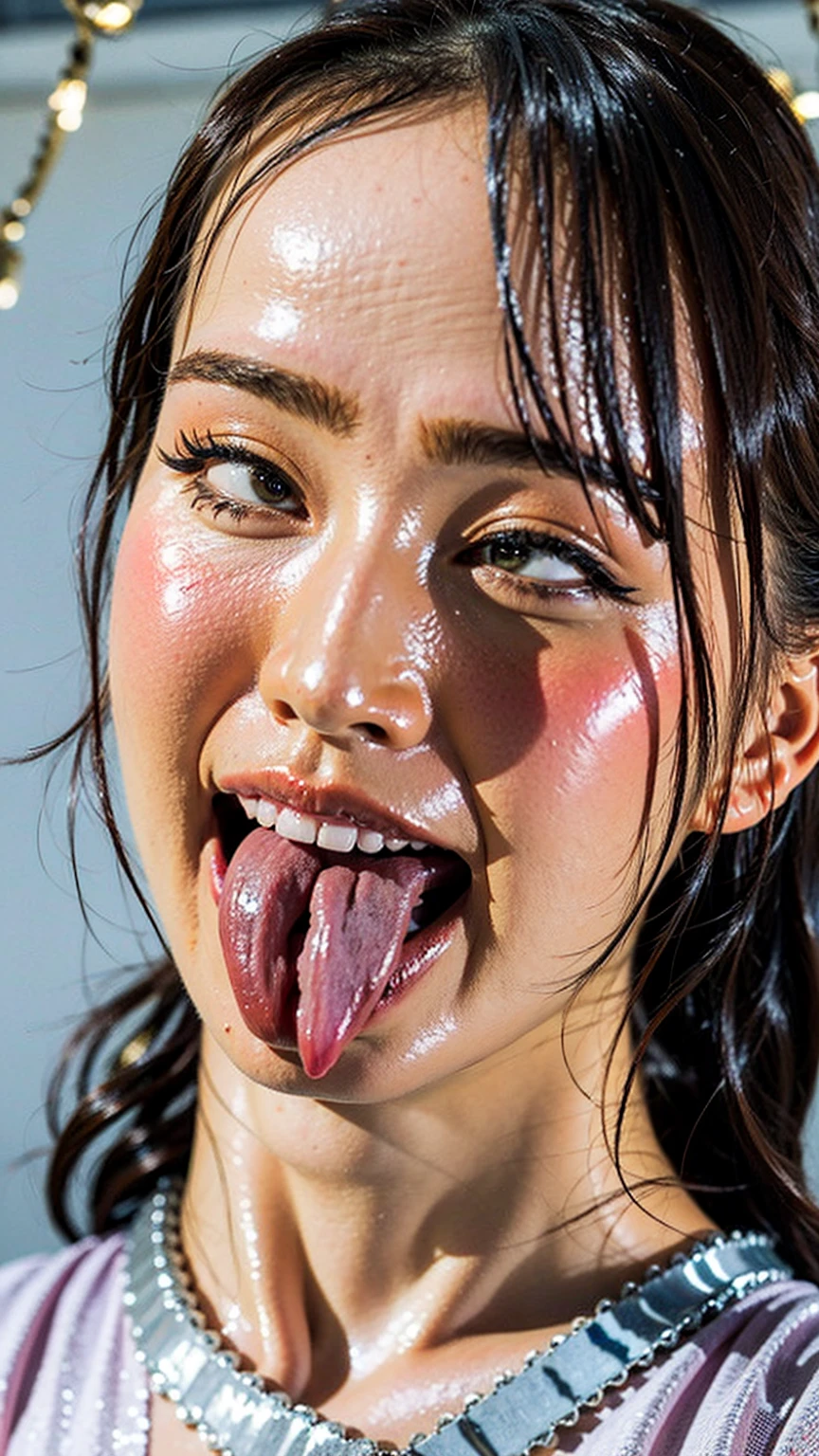 (photo Realistic:1.4), (hyper Realistic:1.4), (Realistic:1.3), (High resolution,High resolution,Sharp focus,8k)(Keep your eyes focused, Nose and mouth,Face Focus,) Woman with open mouth and closed eyes, 、Age 35,Black-haired、Symmetrical face,Realistic nostrils、Angle from below、Elongated C-shaped nostrils,,,,,Browsing Caution,White Background、Sweaty skin、Lighting that highlights sweaty skin、((Nose hook))Skin shiny with sweat、Shiny skin、(Wet and shiny tongue)(Sharpness)Frowning, Frowning, Sticking out tongue, Ahegao, Long Tongue, Textured skin, Anatomically correct, Super detailed