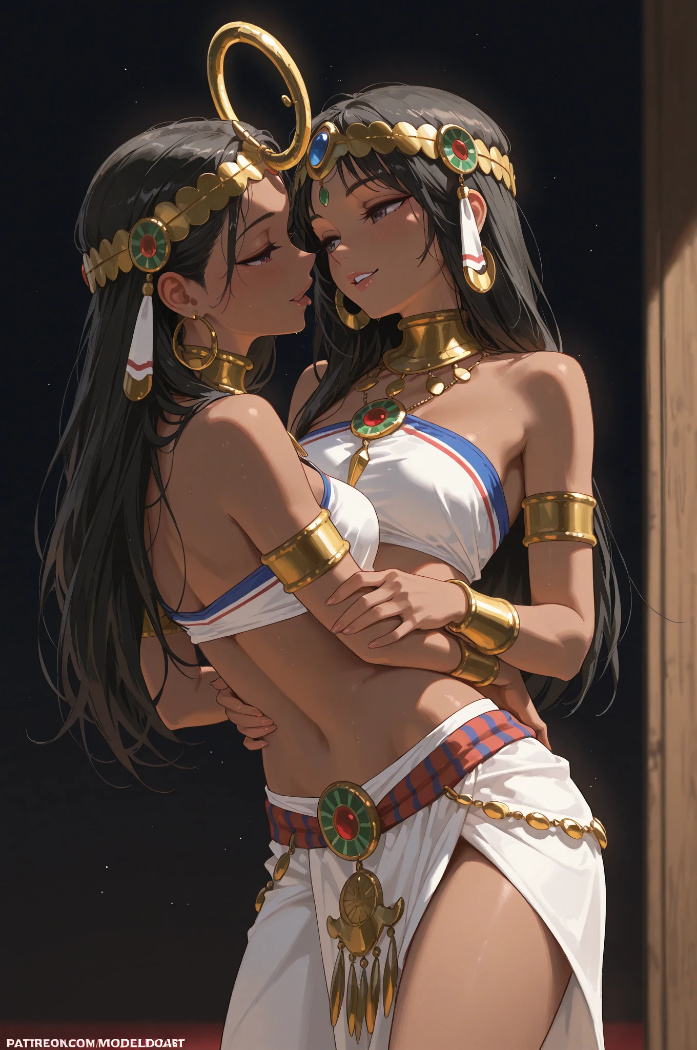 2girls, multiple girls, ancient egyptian clothes, curvy, large breasts, tan, blush, freckles, dark brown hair, looking at viewer,  breast press, <lora:Breast Press V2-000011:1>, <lora:AncientEgyptianClothes:1>