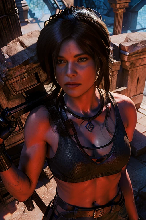 In a desert, sandstorm, a curvy sexy sweaty woman with long black hair and glasses. leather cloth, survival, tomb raider, She wears leather clothes She looks at the viewer, half body