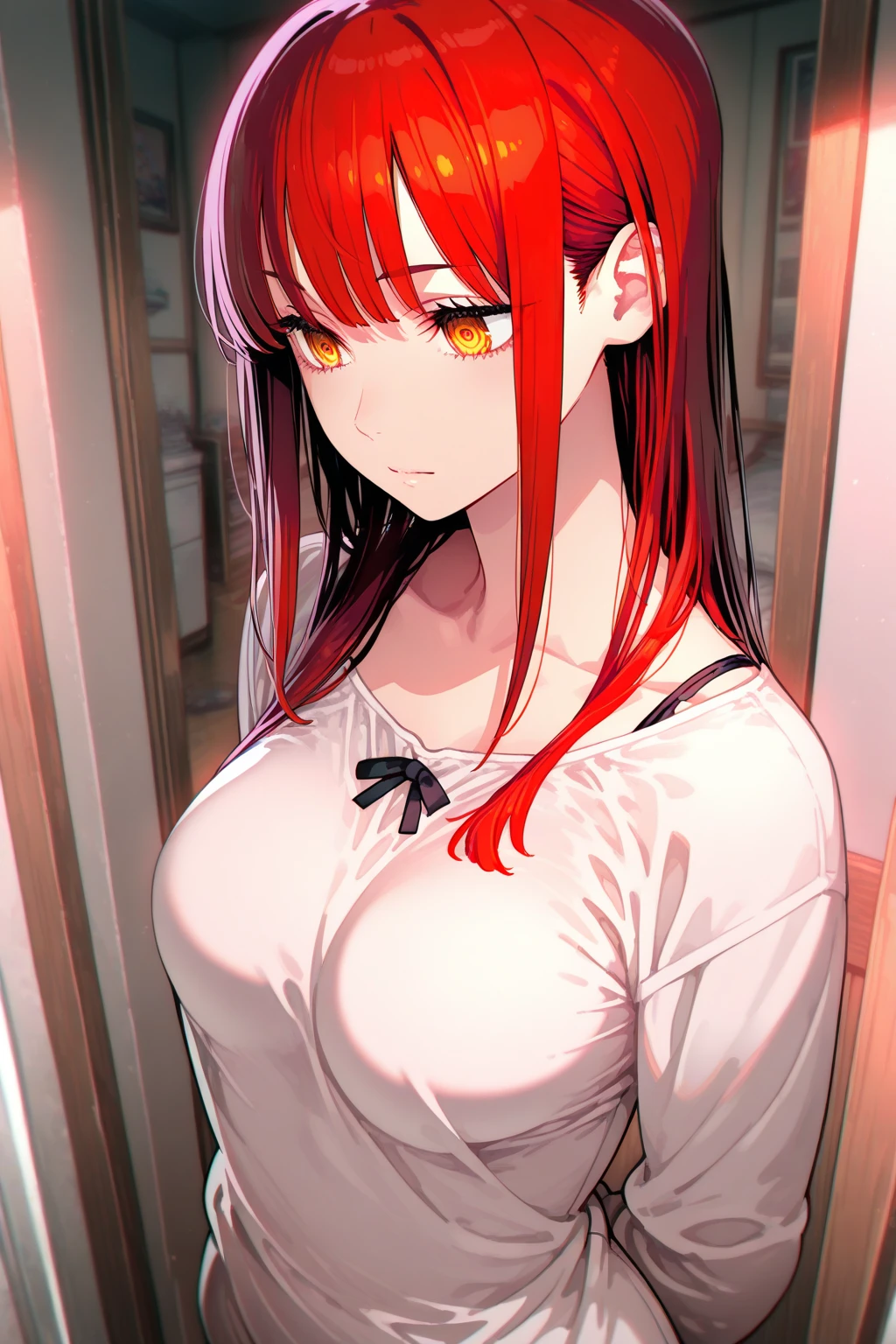 (best quality, masterpiece, highres),1girl,solo,long hair,red hair,red eyes,seductive smile,hairclip,earrings,cowboy shot,single bare shoulder,looking at viewer,
<lora:BX_Blue Archive style_v1.08:1>,