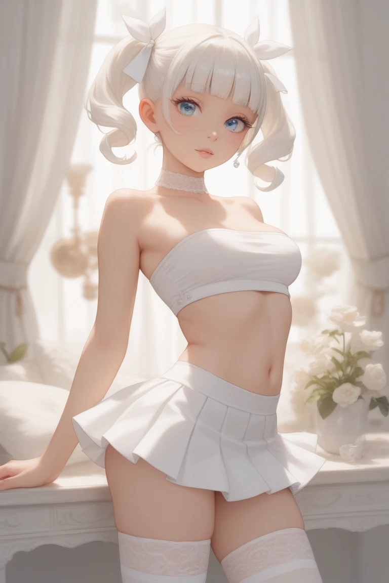 Dynamic posing, dynamic angle, Arrange pose,Top quality work,Show Legs, ((wavy hair, pale skin, long light ginger hair),((light blue eyes)), freckles, 16 years old, Rose cheeks, Pretty cute Face, A perfectly proportioned face, wearing top and skirt, white stockings,full-body view, amazing, Large round chest、Beautiful eye details、Beautiful eyelashes、beautiful double eyelid, with blush cheeks, shy, basically popping out of the shirt