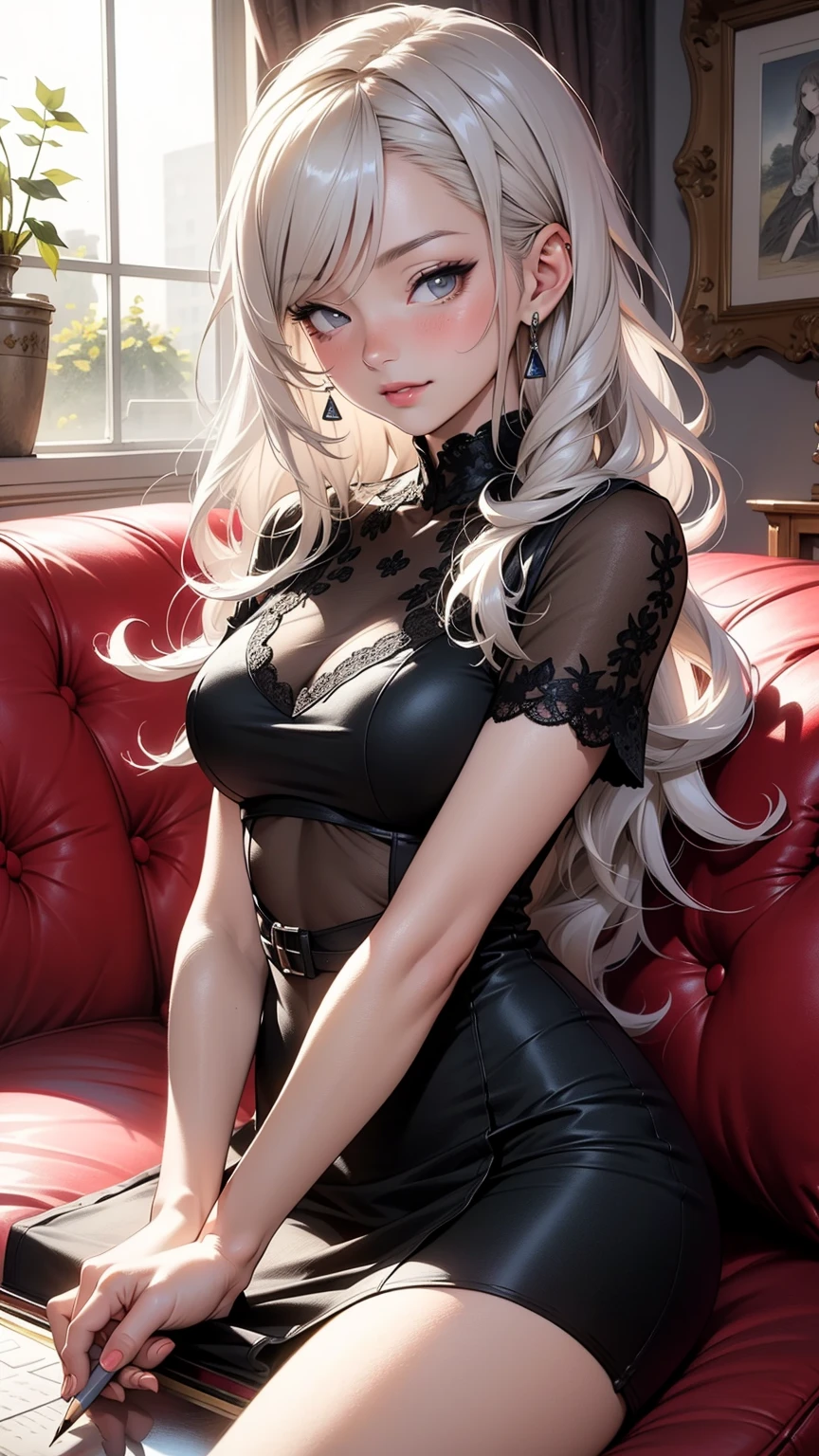 (Highest quality, High resolution, Very detailed), 1 female, Silver Hair, Long Hair, Reddish brown eyes, Black Dress, Nude, pussy, vaginale, (pussy juice), secretary, 24th generation, Beautiful woman, mature, thin, quiet, Calm, Large Breasts, A small smile, sofa,