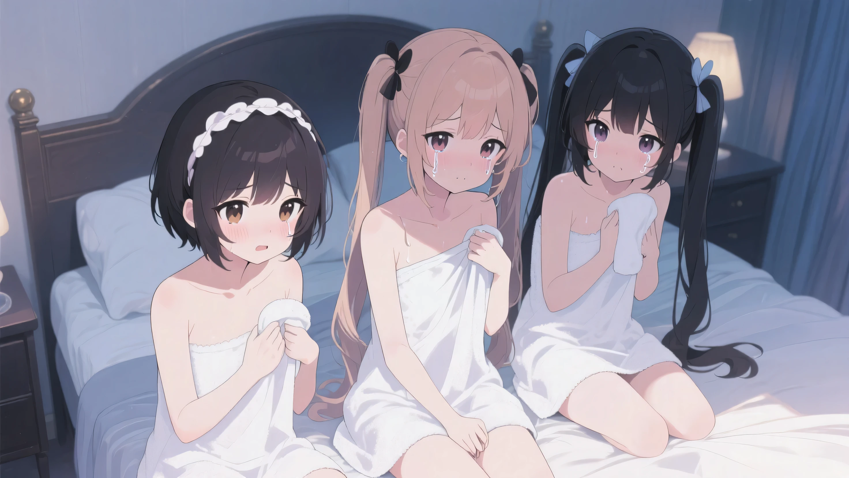 Super detailed, best quality, High resolution, Moe anime, ((((Three cute little girls with black hair and big round glasses hug each other.)))), (baby face), ((Big eyes:1.5, drooping eyes:1.2)), dark blue eyes, cute eyes, detailed eye description, brilliance of eyes, view audience, pale skin, ((())), NSFW, focus on the face, ((bust shot)), ((Naked Wedding Dresses, Lower body is naked)), Nipples are showing through, In a church, Navel exposed, bare shoulders, Skirt-lift, Shirt-lift, ((flat chest)), sitting, From above, hair ornaments