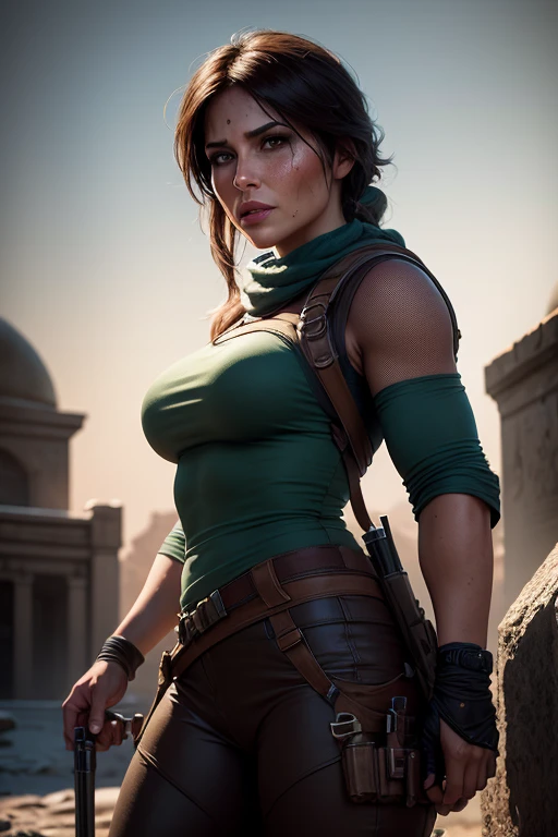 (a beautiful detailed illustration of) a sexy busty Malaysian Lara Croft wearing a hijab and a sexy explorer outfit, investigating an ancient Gold City at sunset, with a panoramic view of the city in the background. The city is adorned with intricate gold architecture, towering buildings, and winding streets. The setting sun casts a warm golden glow over the scene, creating a mesmerizing atmosphere. The focus is on Lara Croft, showing her from head to toe. She has captivating eyes that are sharp and filled with determination. Her lips are perfectly defined, adding a touch of sensuality to her appearance. Her face is flawlessly detailed, with every contour and expression expertly rendered. Her eyes are accentuated with long eyelashes that flutter with every movement. Lara Croft is wearing a hijab, symbolizing her cultural heritage and adding a unique element to her character. Her explorer outfit is fashionable and functional, consisting of a form-fitting top, cargo pants with plenty of pockets, and sturdy boots suitable for rugged terrains. As Lara explores the ancient Gold City, she encounters giant snakes slithering through the ruins. These serpents are magnificent in size, winding their way through the crumbling structures, adding an element of danger and adventure to the scene. Their scales are depicted with incredible detail, shimmering in various shades of gold and copper in the sunset light. The overall image quality is of the highest standard, with ultra-detailed artwork that captures every intricate detail of Lara, the Gold City, and the giant snakes. The rendering is photorealistic, bringing the scene to life with vivid colors and a sharp focus. The lighting is designed to create a dramatic atmosphere, showcasing the beauty and mystery of Lara's exploration.