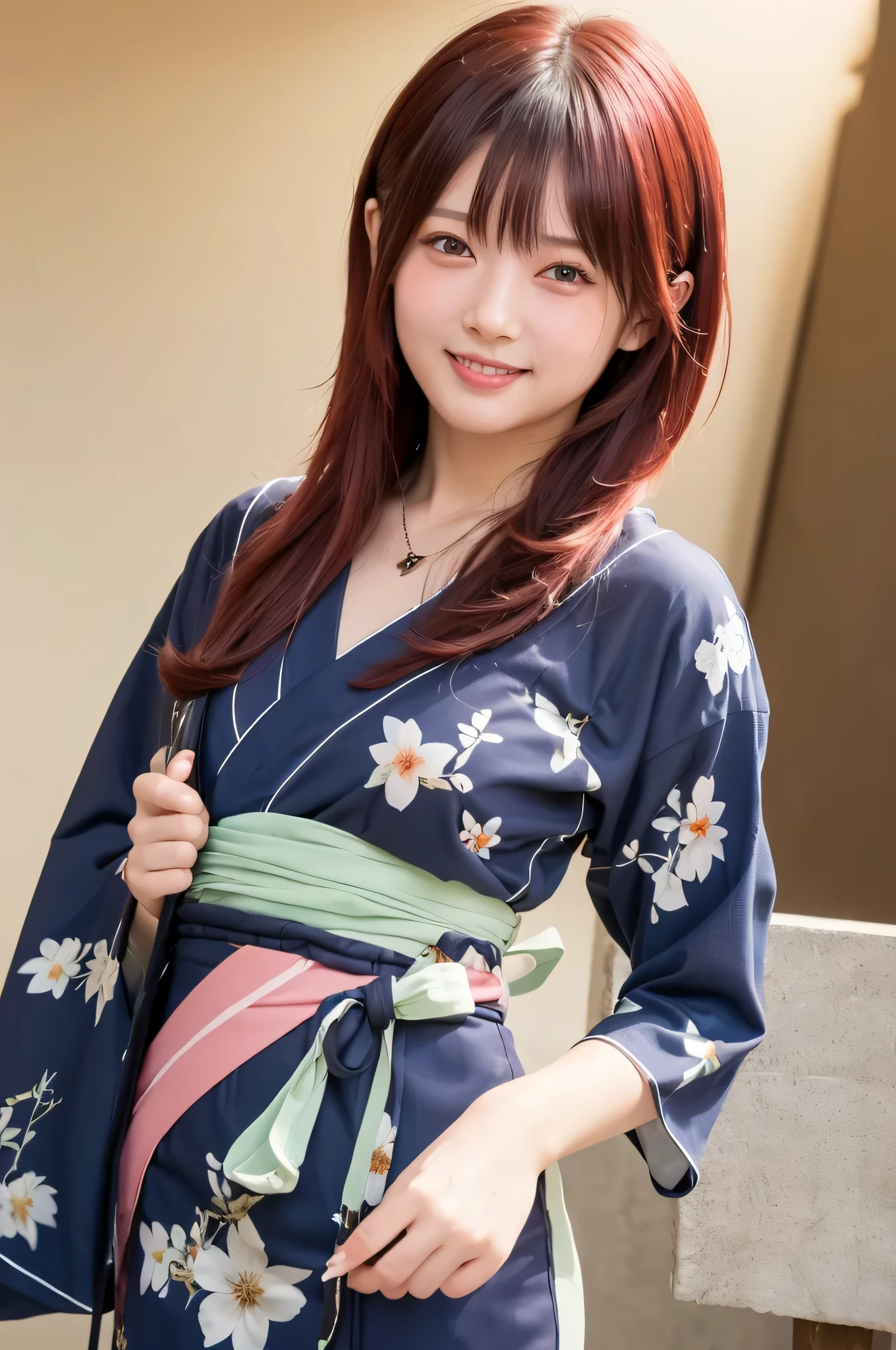 (top quality、8k、32K、masterpiece)、(realistic)、(realistic:1.2)、(high resolution)、very detailed、very pretty face and eyes、1 、round face、tight waist、Delicate Body、(close、top quality、attention to detail、rich skin details)、(top quality、8k、oil:1.2)、(realistic、realistic:1.37)、bright color、(((I have red hair)))、(((Cowboy Shot)))、(((short hair)))、(((I have a girly hairstyle)))、(((smiling expression)))、((( red hair )))、((It's a pink yukata)))、(((I'm wearing a floral yukata)))、(((sweaty skin by SJRW)))、(((I have red hair)))、((( I'm wearing a pink yukata )))、(((I have bangs)))、(((moon necklaces)))、(((I'm clapping)))、(((I'm in the frame)))、(((happy)))、