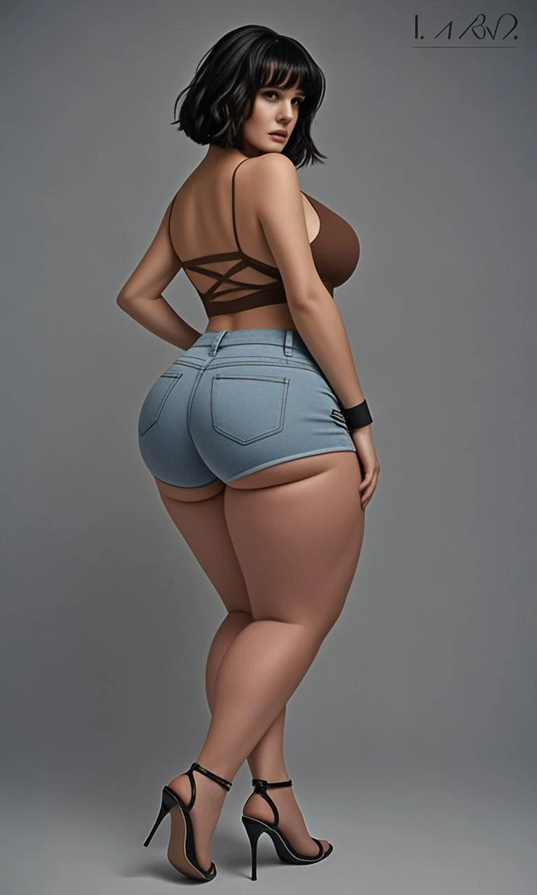 1girl,tomboy,black pixie cut hair, tan brown skin ,big breasts,shorts,(masterpiece,mature,detailed, high quality), yoga pants, elegant, beautiful, freckles, realistic, heterochromia, beautiful eyes, ((full body)) space background, ((curvy thighs))