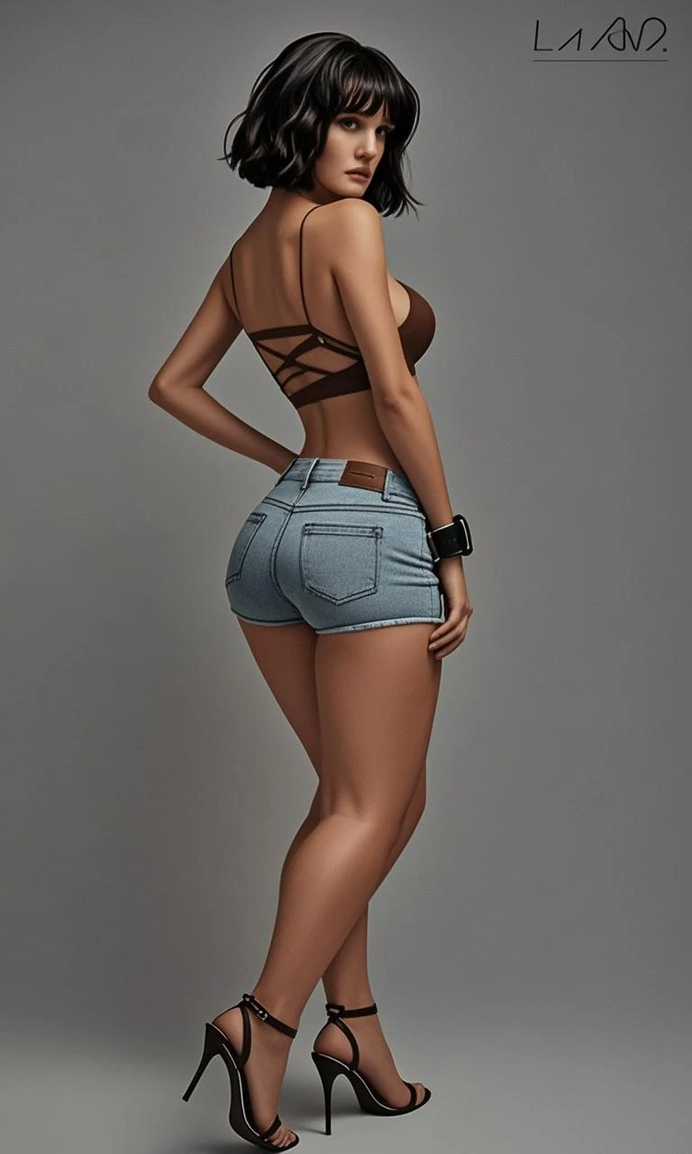 (Realista, high - resolution:1.3), 1 chica con un cuerpo perfecto, super fine face and eyes,Cabello largo, Small tank top dark blue colors:1.2, Vaqueros cortos, tetas grandes y tetas,Exponer el escote, cuerpo completo ,andante,trasero grande, Fondo de la calle