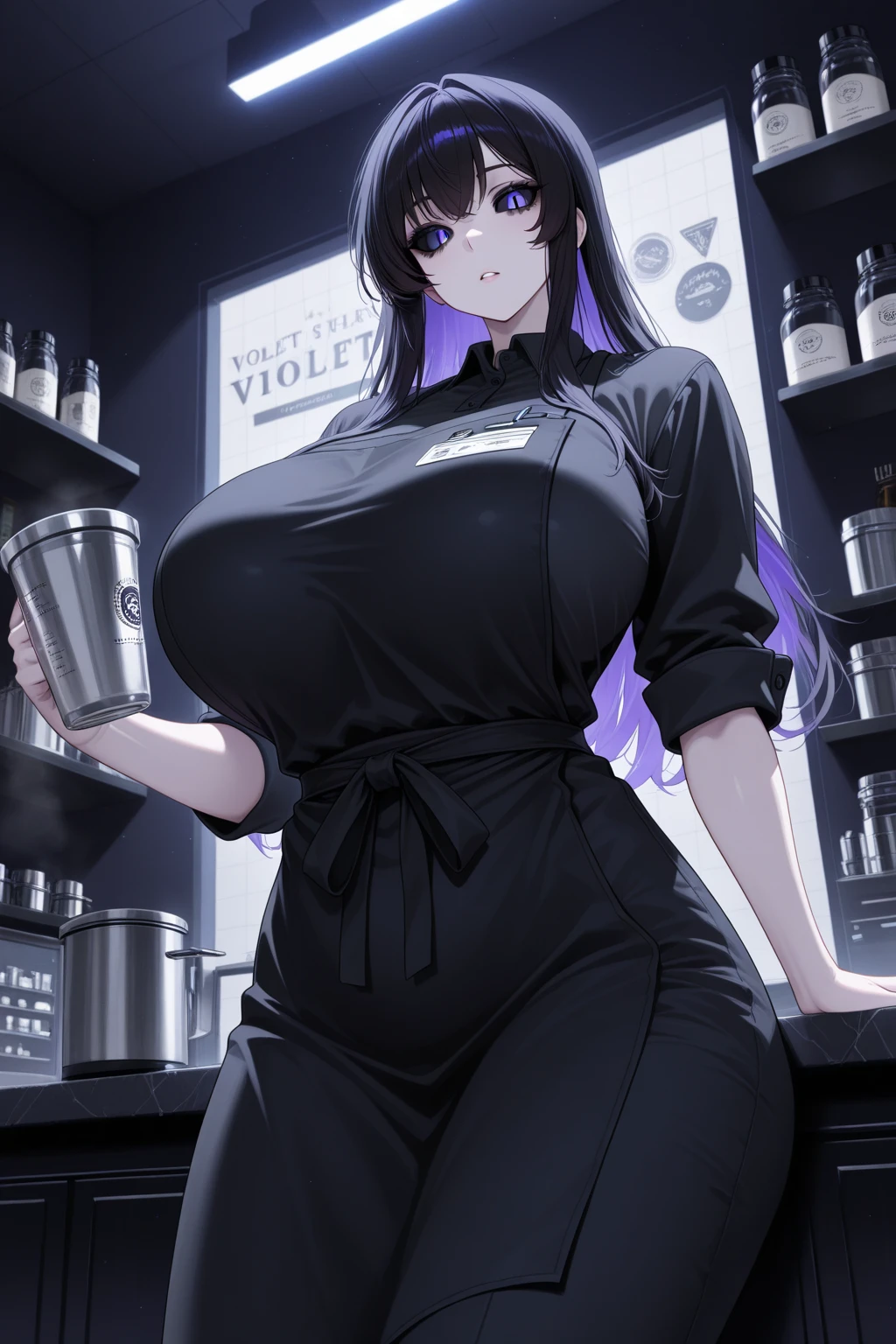 A semi-human bartender half human orca and cat (killer whale tail and cat ears), long purple hair tied in a ponytail, with a curvy figure, the woman smoking, with a serious face and tall body, red eyes, the woman is in a bar with alcoholic drinks in the background, with a knife in his hand that does not hold the cigarette, slightly blushing