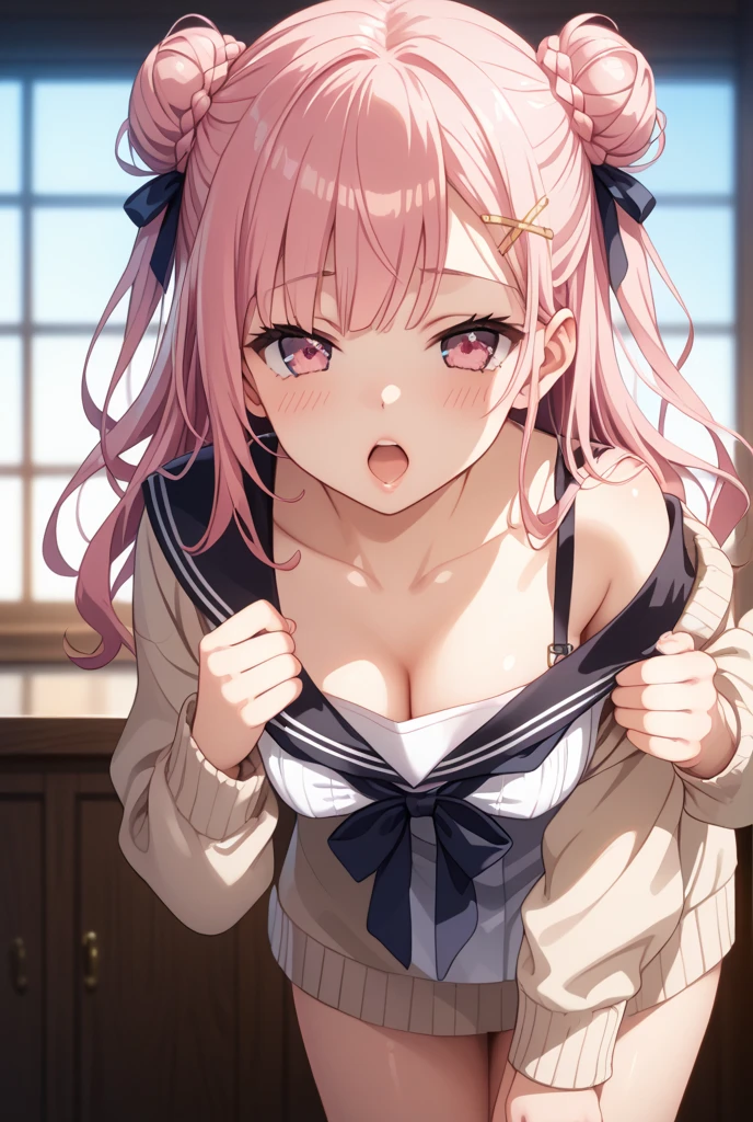 mastute piece,Best Quality,insanely detailed,8k cg,nsfw,shoot upper body,(body in front:1.1),1girl,standing,looking at viewer,(light brown blazer-suit,breasts out,bare breasts,front cutout skirt:1.3),break,blush,shy,ecstasy face,gasping,(trembling:1.2),pink hair,open mouth,large breast,(marble luxury:1.2),