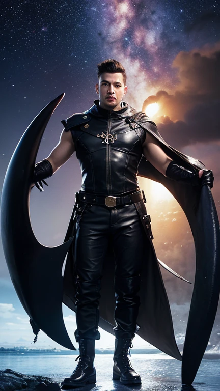 A muscular vampire, shirtless Caucasian male with short dark hair wearing black leather harness and briefs, he make black gloves , posing against at night outdoor. he wears the big wing robes,