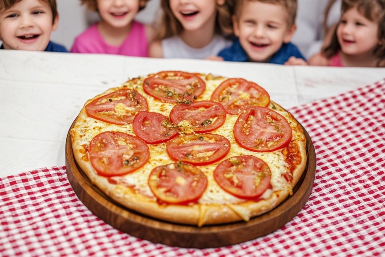 A half body, portrait of 3 girls German children long platinum blonde hair of 12 years, PORTRAIT,, pizza with tomatoes and basil on a plate on a table, pizza the hut, italian pizza, pizza pie, pizza!, pizza on a table, food commercial 4 k, pizza, pizza in the foreground, eat a pizza margherita, cook pizza,  eat a pizza, the pizza has a big one.