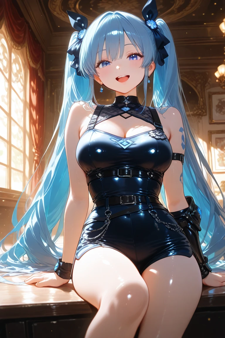 Aqua Konosuba, (perfect quality, Best quality, masterpiece, 8 K:1.2), HDR, uhd, 1 girl, portrait, (big breasts), inexpressive, long blue hair, (huge breasts:1.2), ahoge, ((long gloves, covered in black latex to the fingertips.), (black latex corset dress), (Halter corset dress), (Black tight latex miniskirt), (black thigh-high boots)), dynamic pose, Dynamic angle, Viewer's view, The center of the image,
