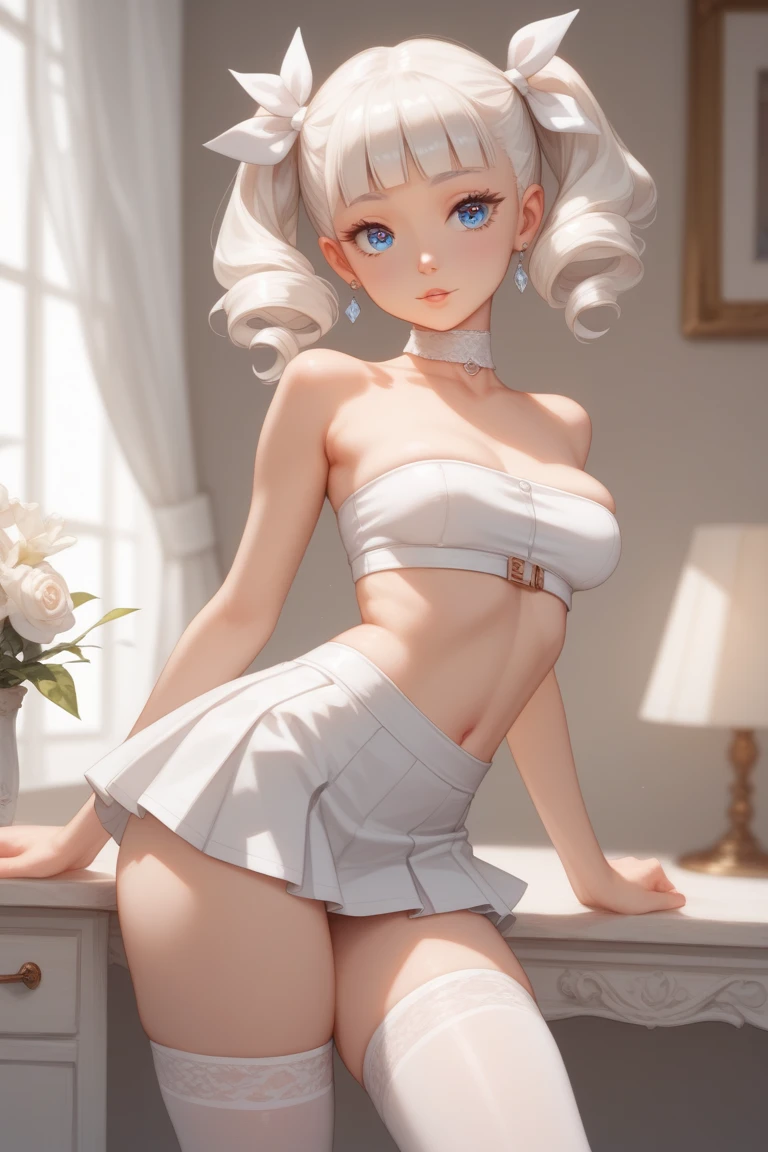 ((masterpiece, best quality, ultra-detailed, high resolution, extremely detailed CG, super detailed, Beautiful human body modeling, Most beautiful clean lighting)), 1 girl, beautiful girl, cute girl and idol face, smile, short and bob cut hair, shiny silver hair, antenna hair, beautiful green, eyes, white skin, beautiful body, completely nude, bedroom