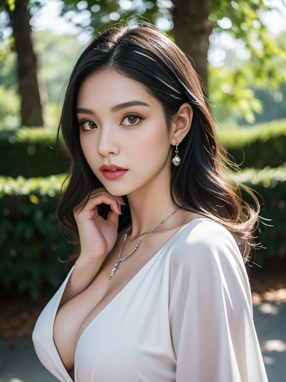 (Highest quality,Realistic:1.37),(High resolution,Very detailed),(Portraiture:1.1),,garden,,Gray Hair,Black Hair,Multi-coloured hair,Iris,x-shaped pupils,White Dress,Emphasis on face