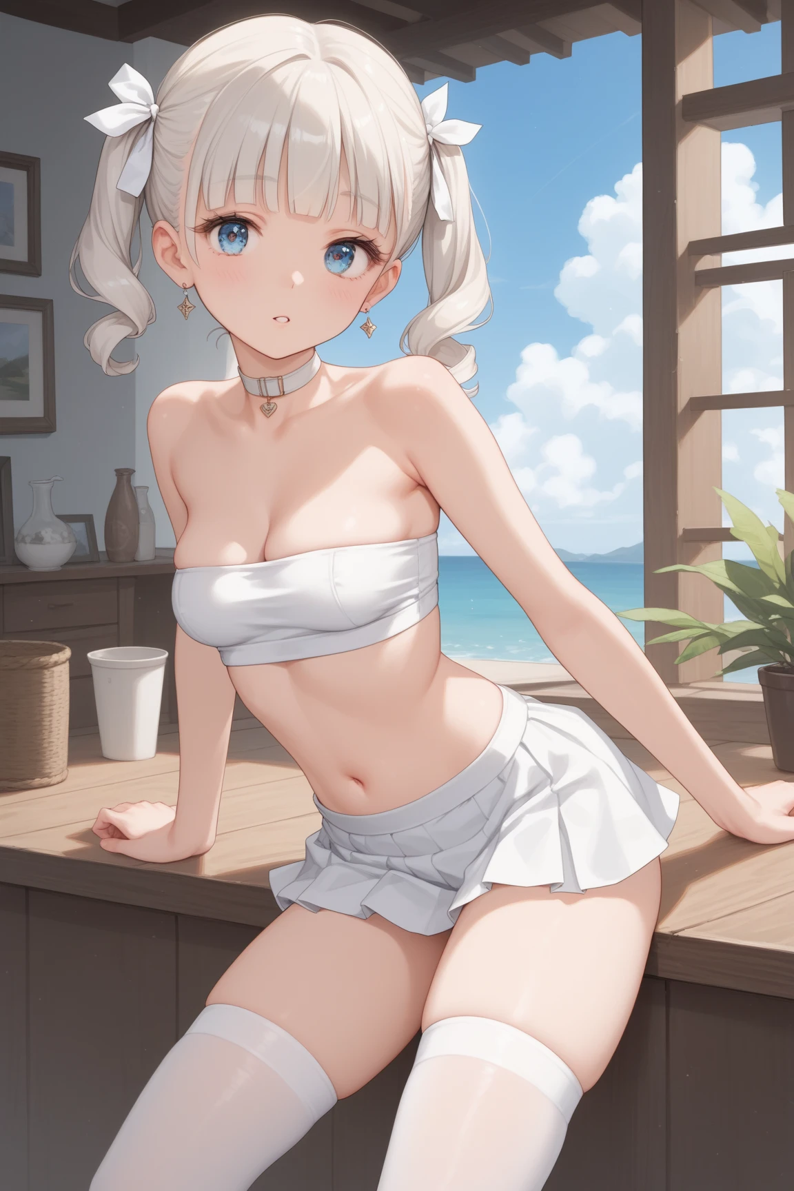 Sailor Moon in a white semi-transparent micro bikini、Beautiful blonde、Big beautiful blue eyes、Smooth, White skin like porcelain、A slightly plump style is the best、(Super short bob with short nape)、Sharp and stern expression、(((Detailed depictions of the body visible through the very thin material of the swimsuit、Detailed depiction of wrinkles in a swimsuit)))、Maximum Pixels、Photorealistic image quality、(Depiction of pointed ??????)、Sitting pose with one leg bent