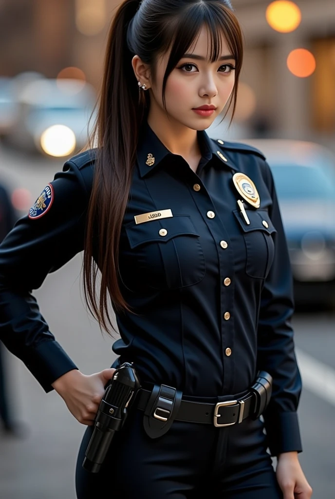 (top-quality、超A high resolution、​masterpiece:1.3)、Tall and beautiful woman、longeyelashes, Medium hair with bangs, longeyelashes, Parted lips, surrealism, drop shadow, anaglyph, Verism, depth of fields, Backlighting, Expose F/1.2, Super Detail, ccurate, Best Quality, masutepiece, Detailed moisturized eyes, Textured skin, Best Quality, in 8K, blurry backround, ((thin waist with muscular lines,,, skinny thigh:1.1, long legged)), ((Colossal tits)), Natural Color Lip, ssmile, Young woman in perfect style, (Leather Police Officer Uniform), Long Sleeve Leather Bondage Fashion, Wear black work boots, Futuristic city, There are a lot of cars on the road, I have a belt around my waist, (Belt with batons and handgun folders)