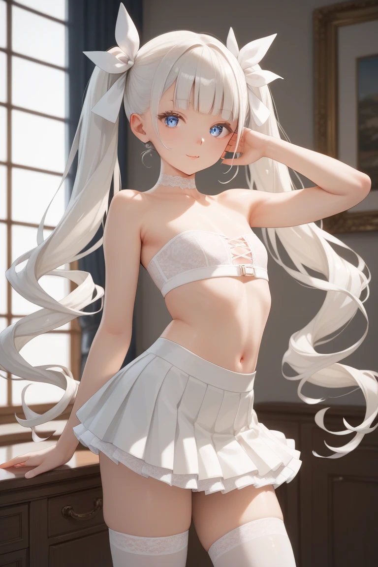 1girl,masterclass,best quality,ultra-detailed,illustration,indoors,white choker,white leotard,white pantyhose,white wrist cuffs,low twin braids,le_malin_(listless_lapin)_( azur_lane), LeMalin Lapin, fake animal ears, sleeveless, clothes paper cutout, rabbit ears, (arms behind back: 1.1), best quality, super detailed, illustrations, beautiful detailed eyes, (dance: 1.2), (giant moon: 1.4)