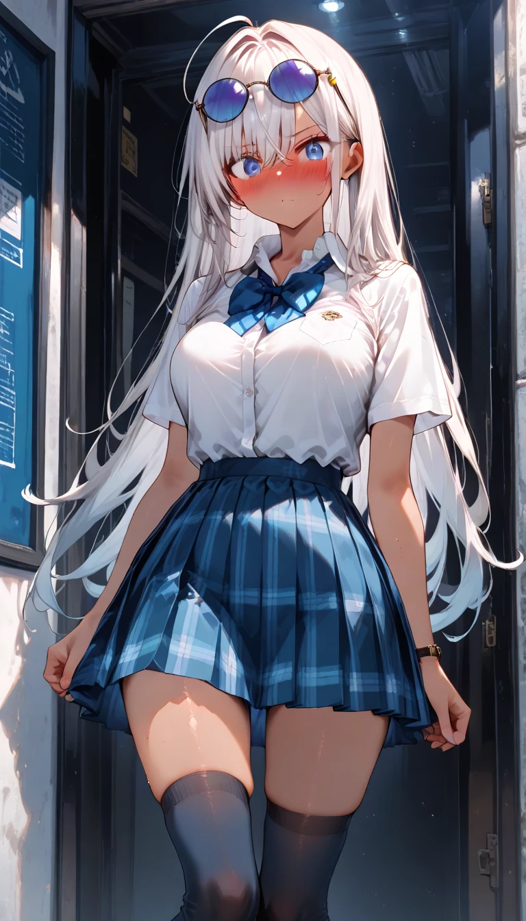 (masterpiece:1.2, highest quality), (Realistic, photoRealistic:1.4), Beautiful illustrations, (Natural Side Lighting, Cinema Lighting), , (View your viewers), 1 girl, Japanese, high school girl, Perfect Face, Cute and symmetrical face, Shiny skin, , (Long Hair:1.5, Messy Hair:1.2, Silver Hair), flowing bangs, Emerald green eyes, Droopy eyes, Long Eyelashes, (big breasts:0.6), Beautiful Hair, Beautiful Face, Beautiful fine details, Beautiful clavicle, Beautiful body, Beautiful breasts, Beautiful thighs, Beautiful feet, ((Symmetrical clothing, Light blue collared shirt, Grey pleated skirt, Blue checked bow tie), Pink Panties, ), Black socks, (Beautiful views), Daytime, School rooftop, (Look forward), (Annoyed expression, Blushing, Embarrassed expression), (((Pulling on skirt, Wind lift))),