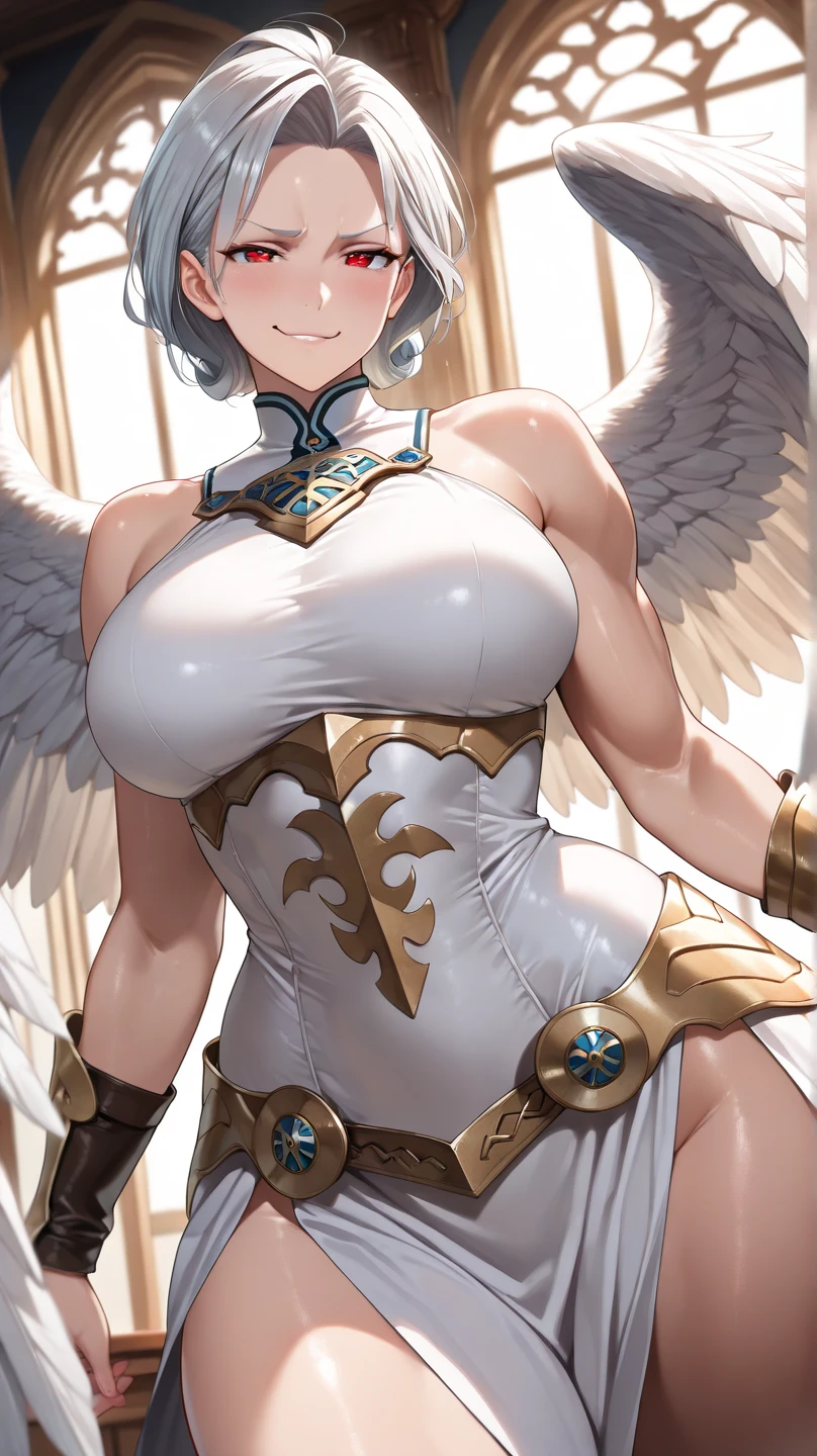 (best quality), (Super detailed), (Best Illustration), (woman), look at viewer, {(valkyrie armor knight:1.2)}, (large breasts), {(detailed eyes), (heart-shaped pupils), blue eyes}, {brown hair, (sideburns), (bob cut:1.3), curly hair, hairs between eyes, colored inner hair}, blush, earring, Eerie Citadel,